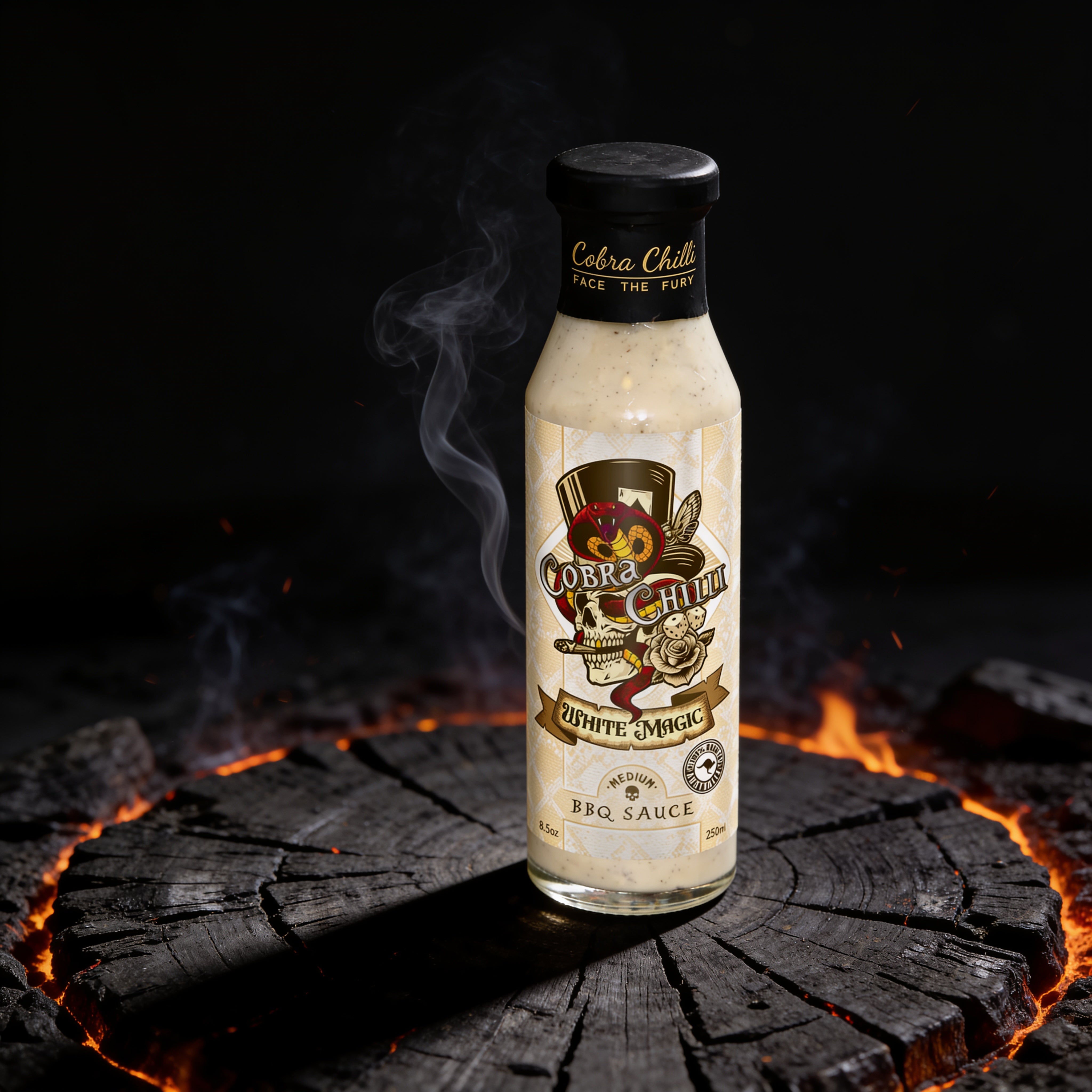 Cobra Chilli White Magic BBQ Sauce Medium 250ml BBQ Sauce — styled hero shot with dark gothic snake-and-fire brand styling