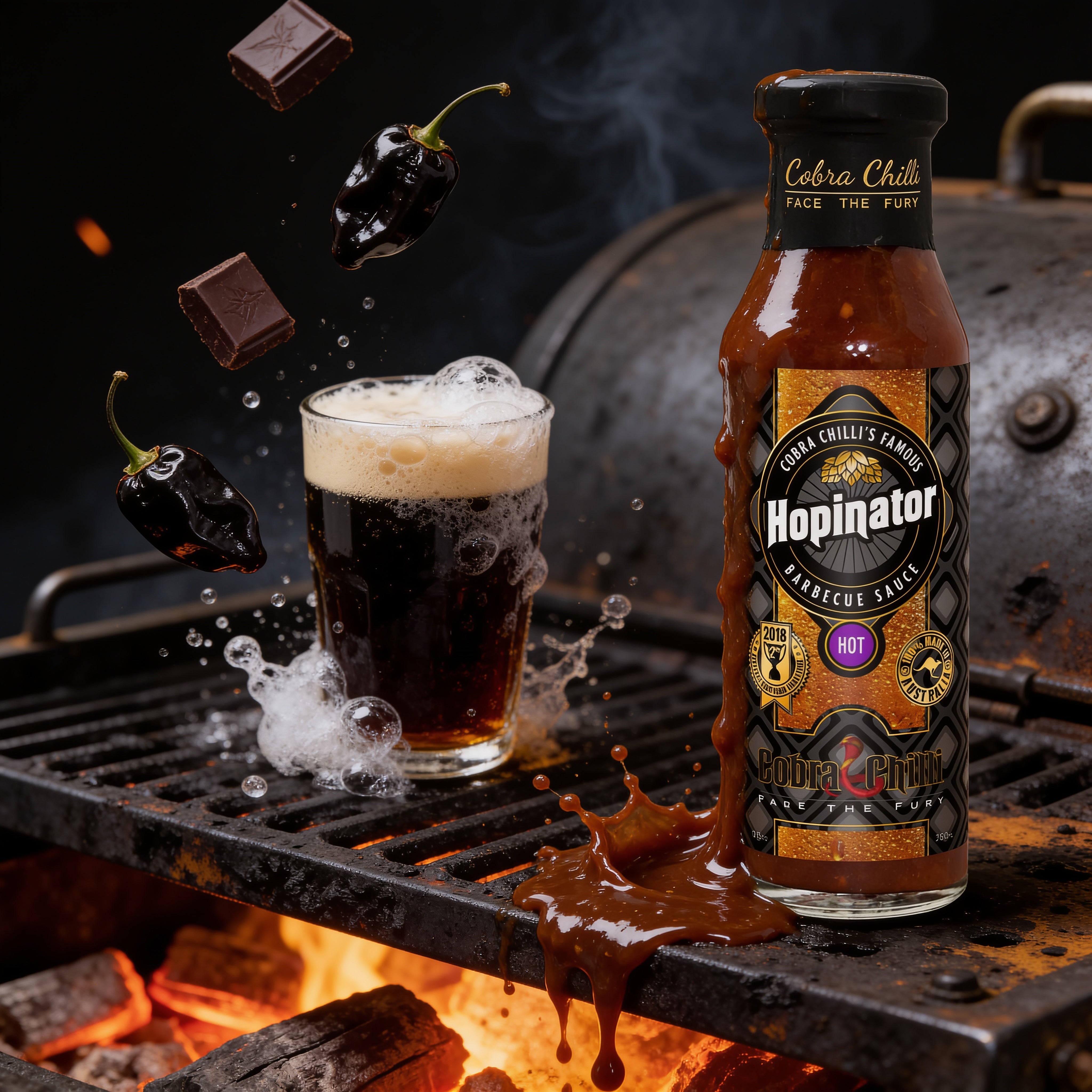 Cobra Chilli Hopinator Barbecue Sauce Hot 250ml BBQ Sauce — hot action shot with pouring sauce and porter beer splash
