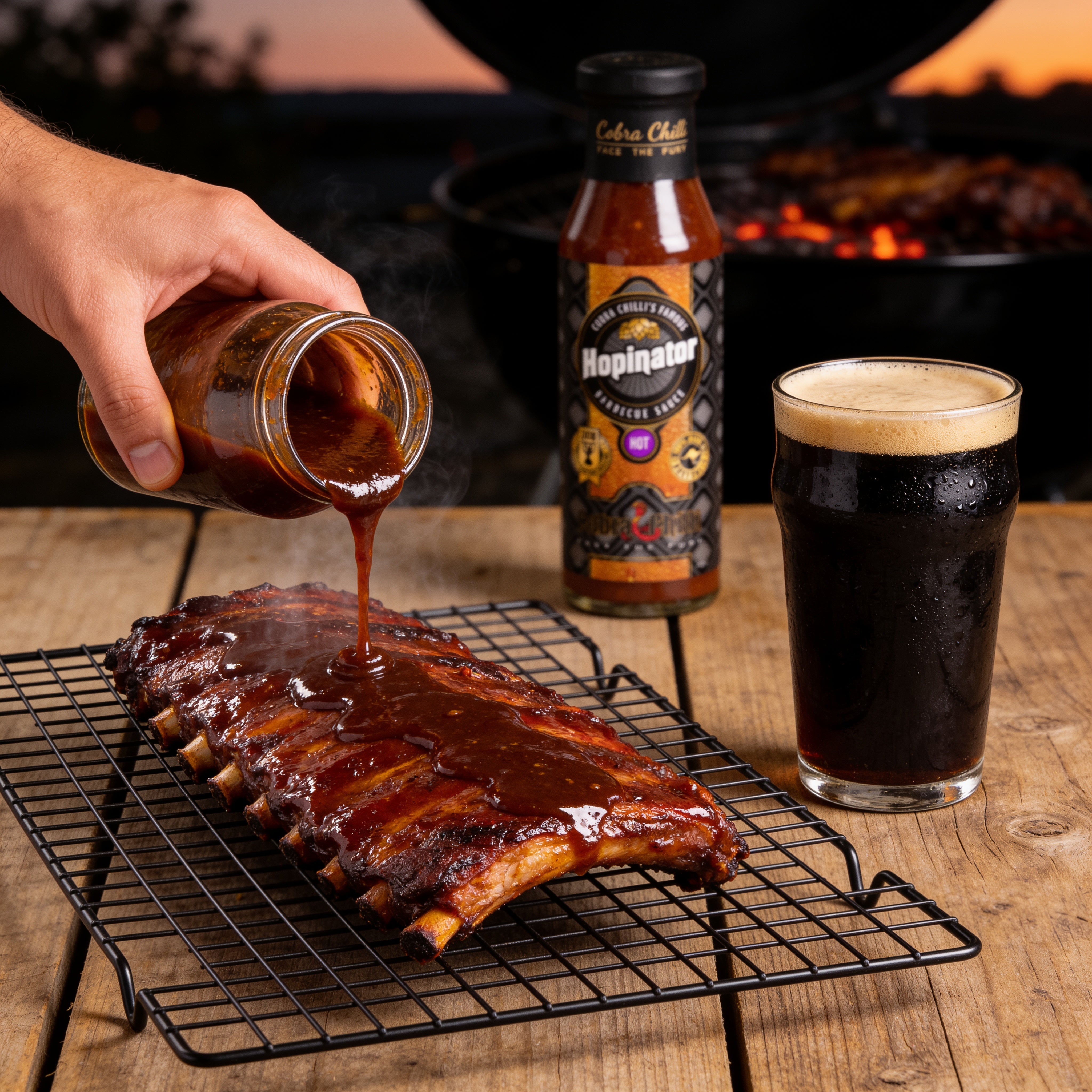 Cobra Chilli Hopinator Barbecue Sauce Hot 250ml BBQ Sauce — BBQ sauce glazed onto smoked ribs with a porter beer