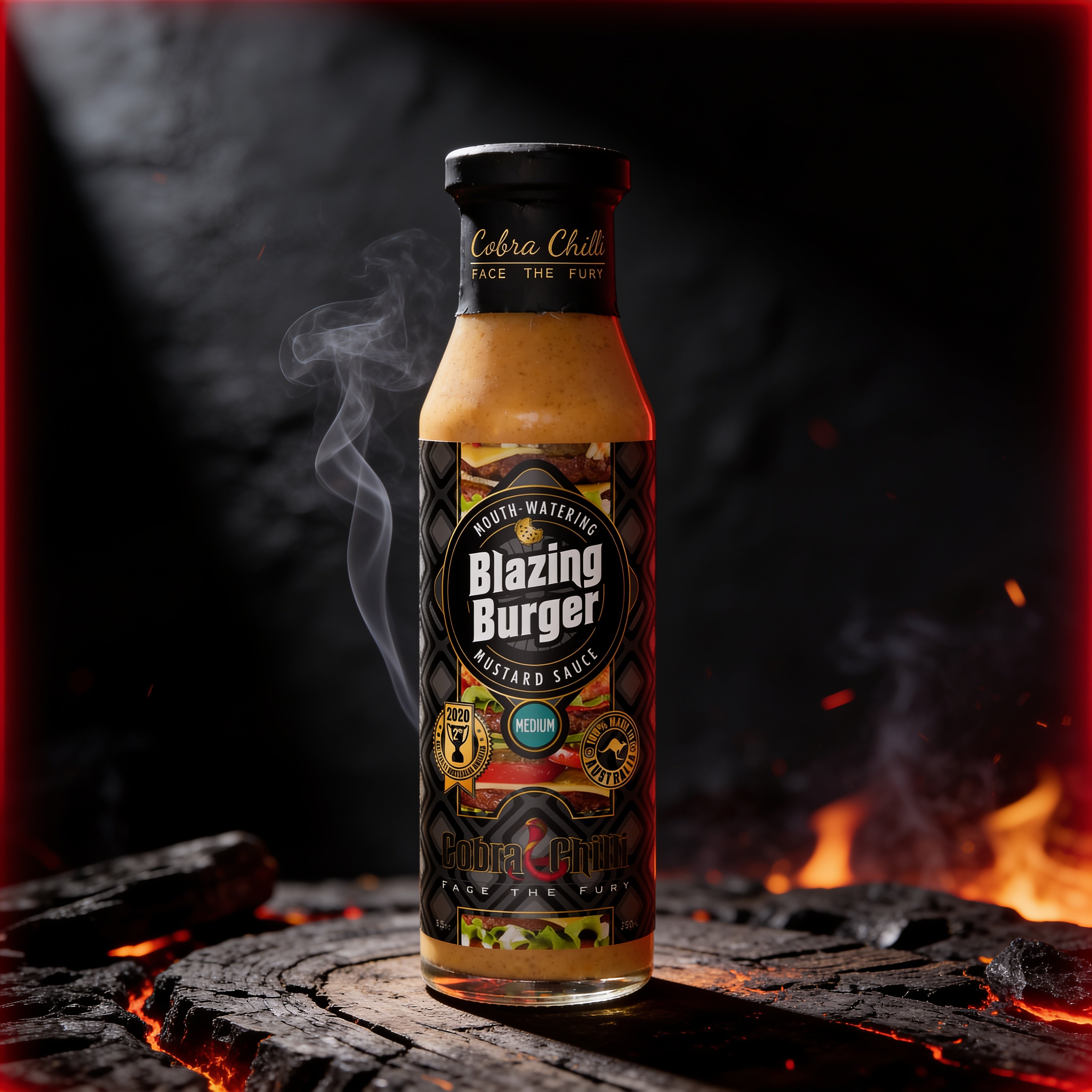 Cobra Chilli Blazing Burger Sauce Medium 250ml Condiment — styled hero shot with dark gothic snake-and-fire brand styling