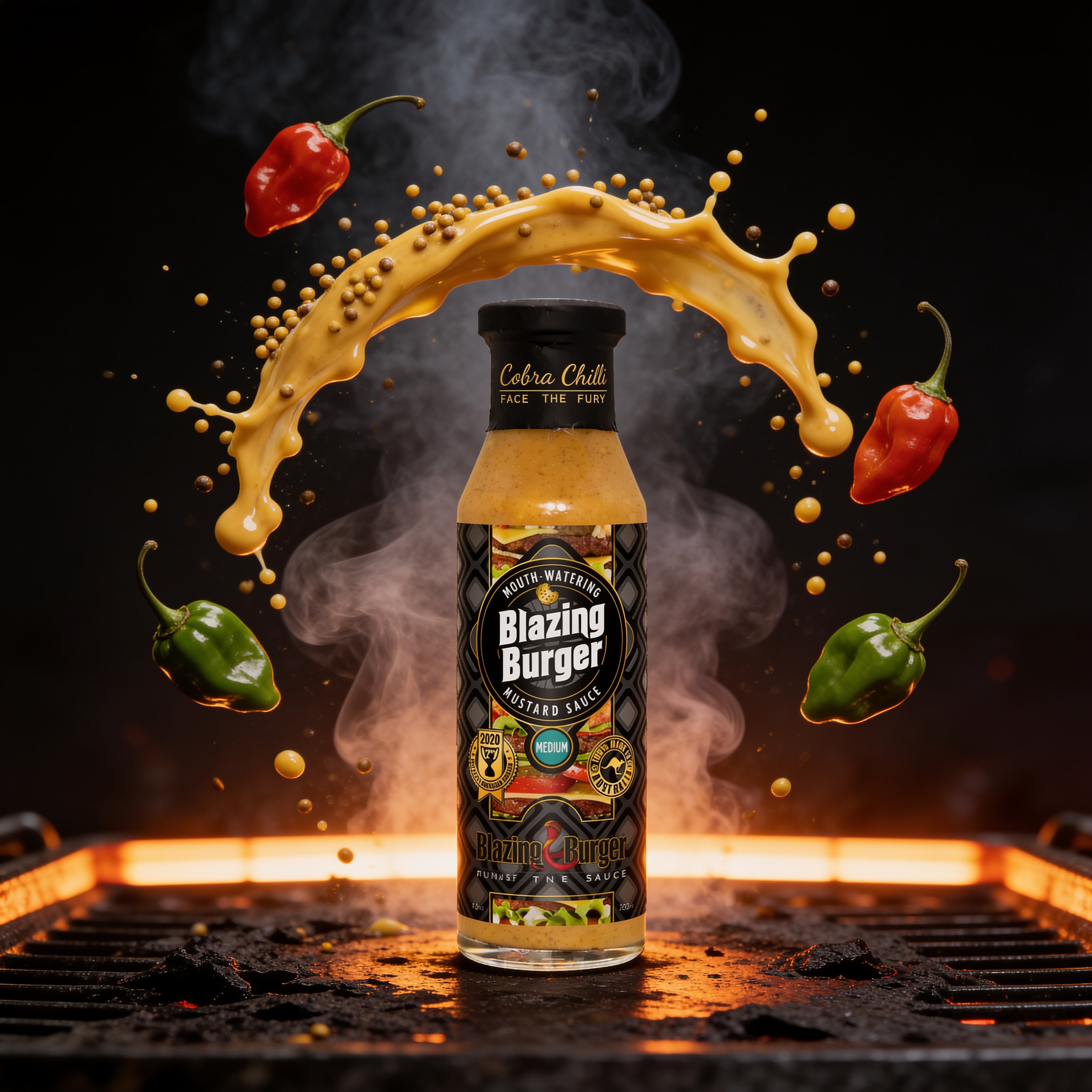 Cobra Chilli Blazing Burger Sauce Medium 250ml Condiment — medium heat action shot with mustard seeds and Scotch Bonnet chilli splash