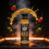 Cobra Chilli Blazing Burger Sauce Medium 250ml Condiment — medium heat action shot with mustard seeds and Scotch Bonnet chilli splash