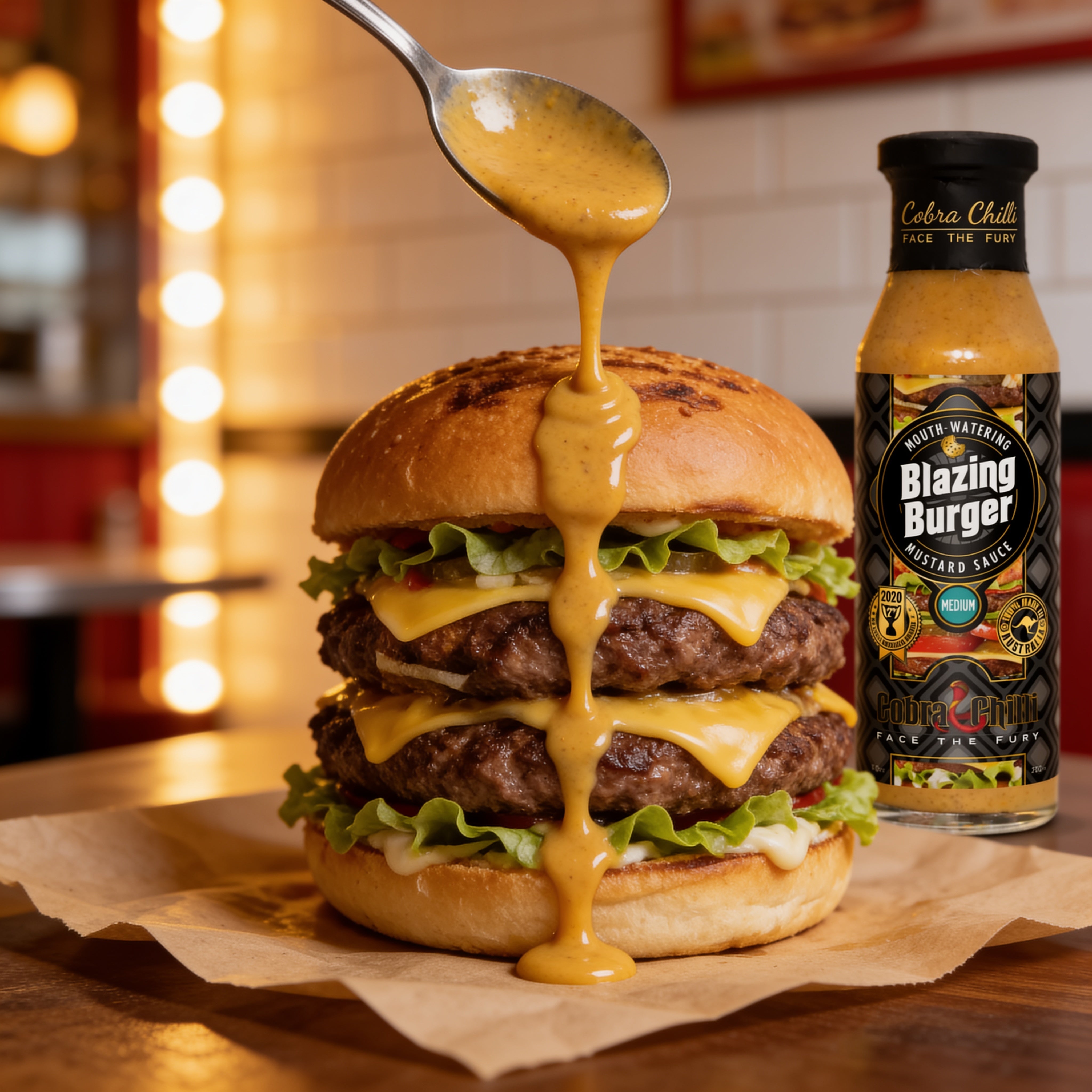Cobra Chilli Blazing Burger Sauce Medium 250ml Condiment — burger sauce drizzled onto a stacked burger