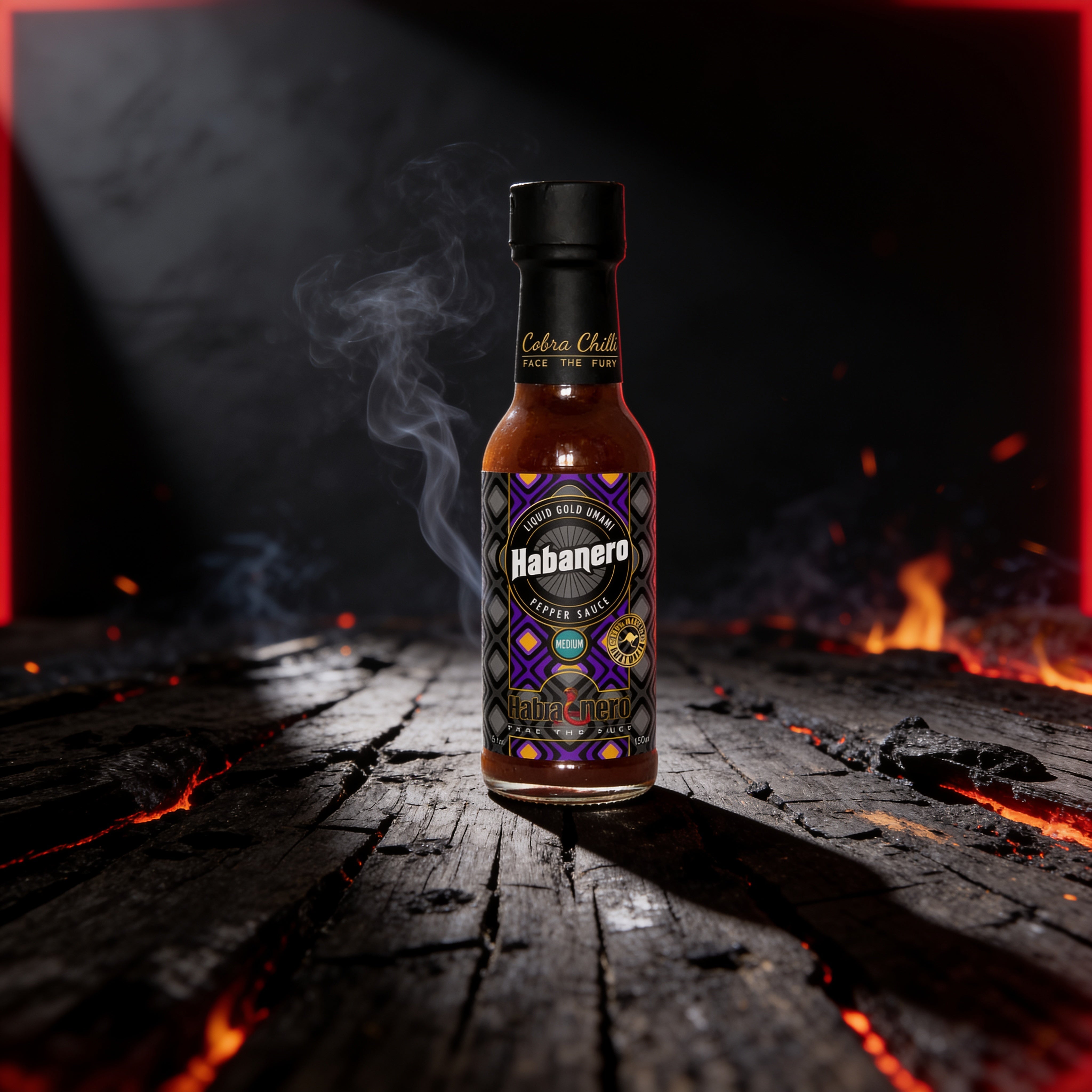 Cobra Chilli Habanero Magic Sauce Medium 150ml Condiment — styled hero shot with dark gothic snake-and-fire brand styling
