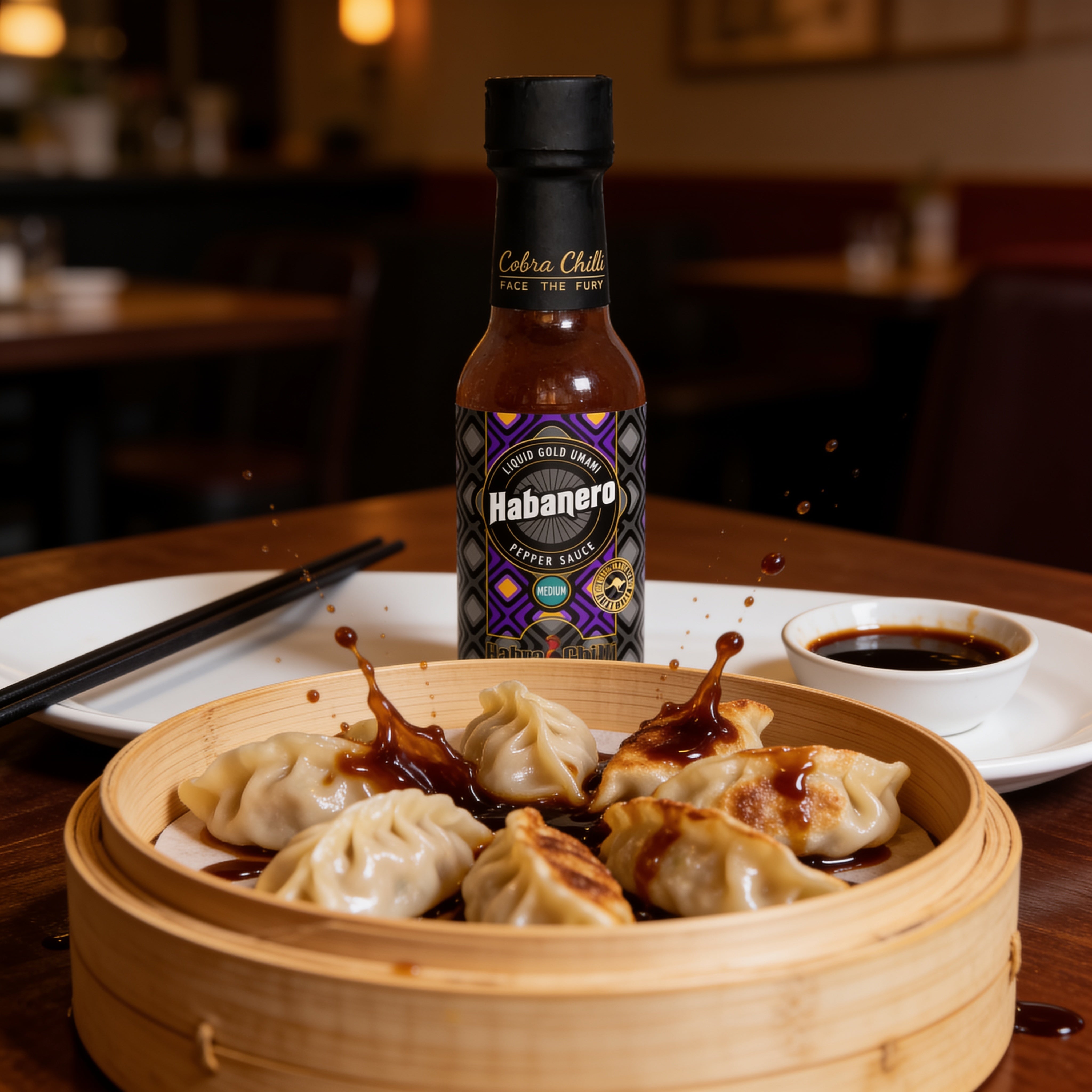 Cobra Chilli Habanero Magic Sauce Medium 150ml Condiment — sauce splashed over dumplings and pot stickers