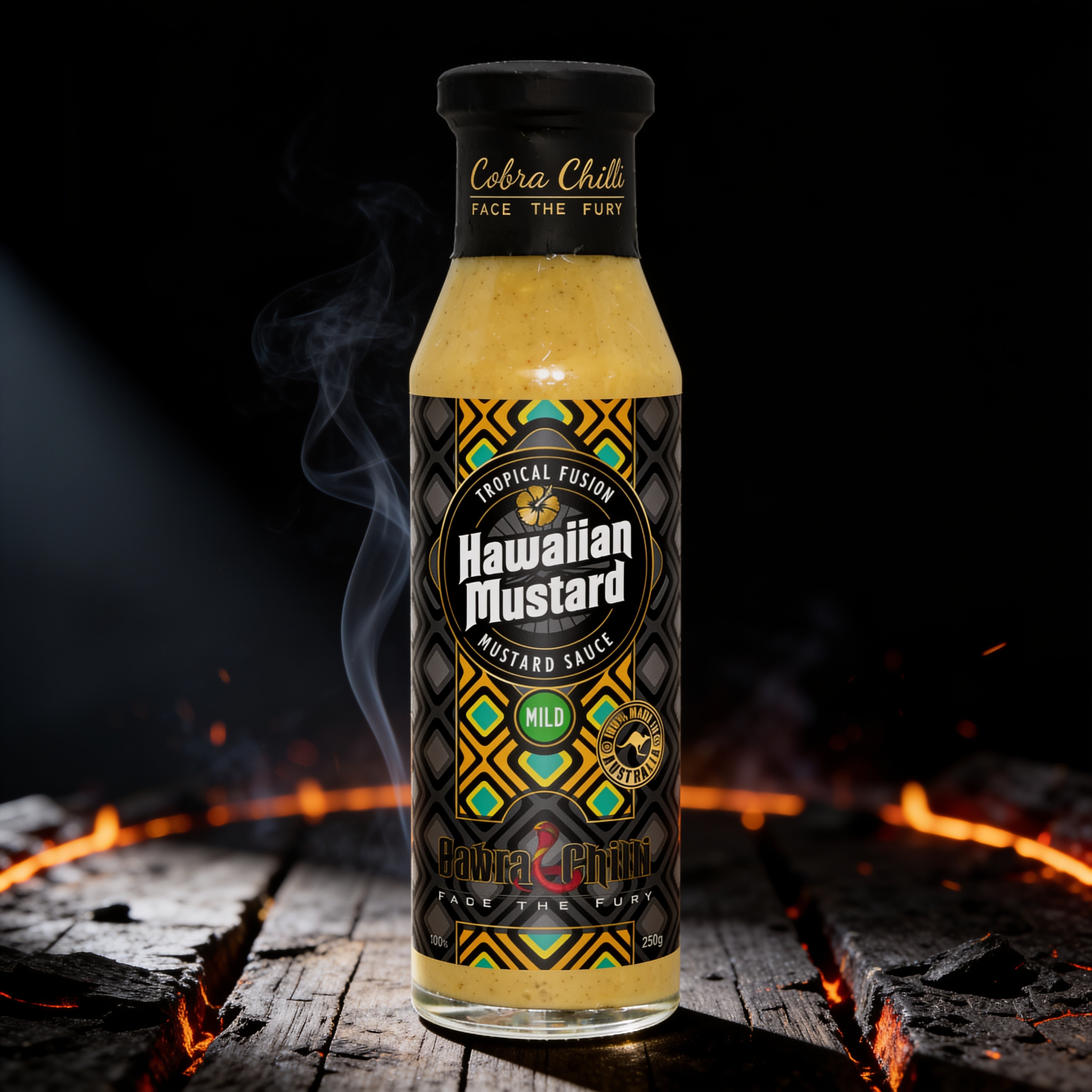 Cobra Chilli Hawaiian Mustard Sauce Mild 250ml Condiment — styled hero shot with dark gothic snake-and-fire brand styling