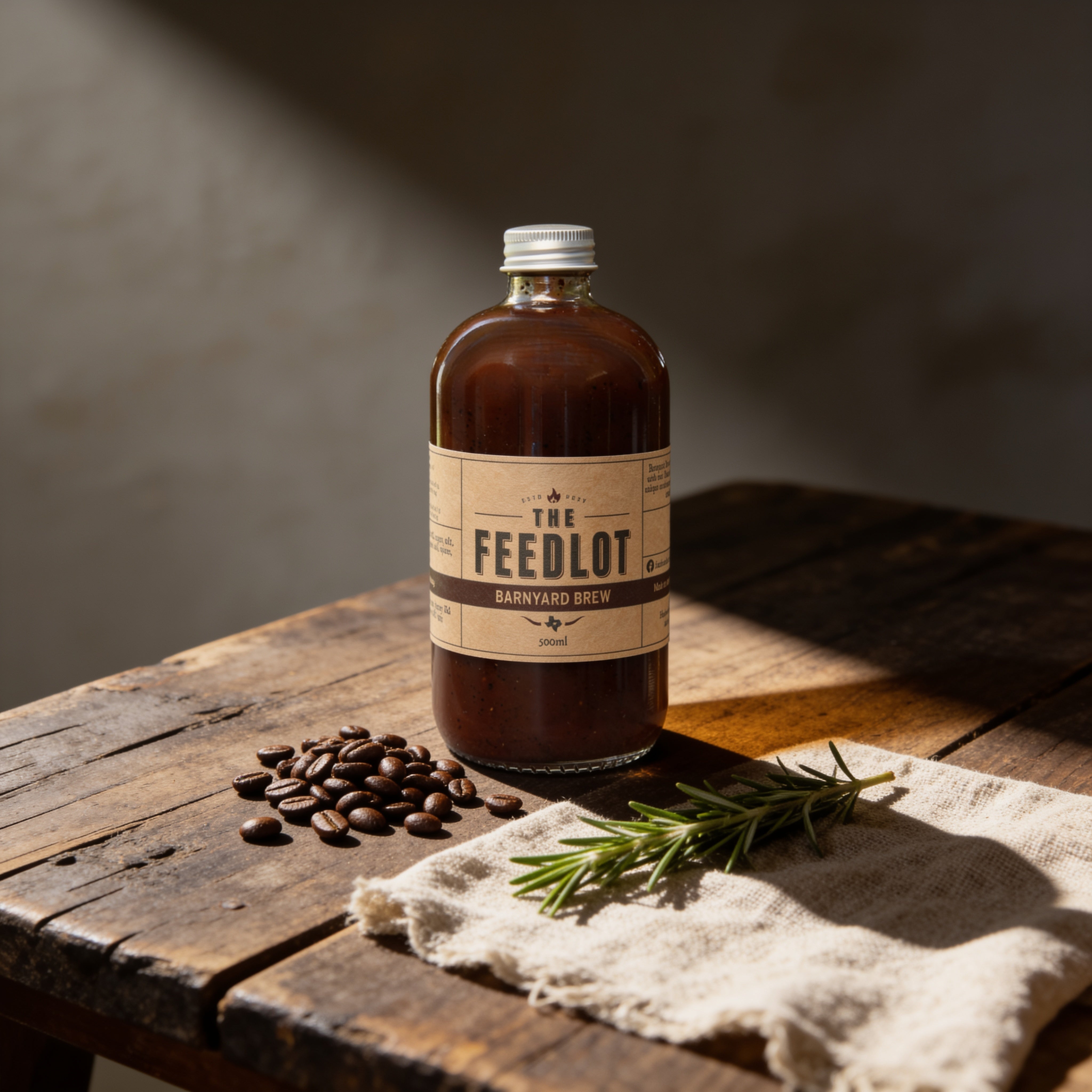 THE FEEDLOT Barnyard Brew Espresso BBQ Sauce - beauty shot on rustic wood with coffee beans