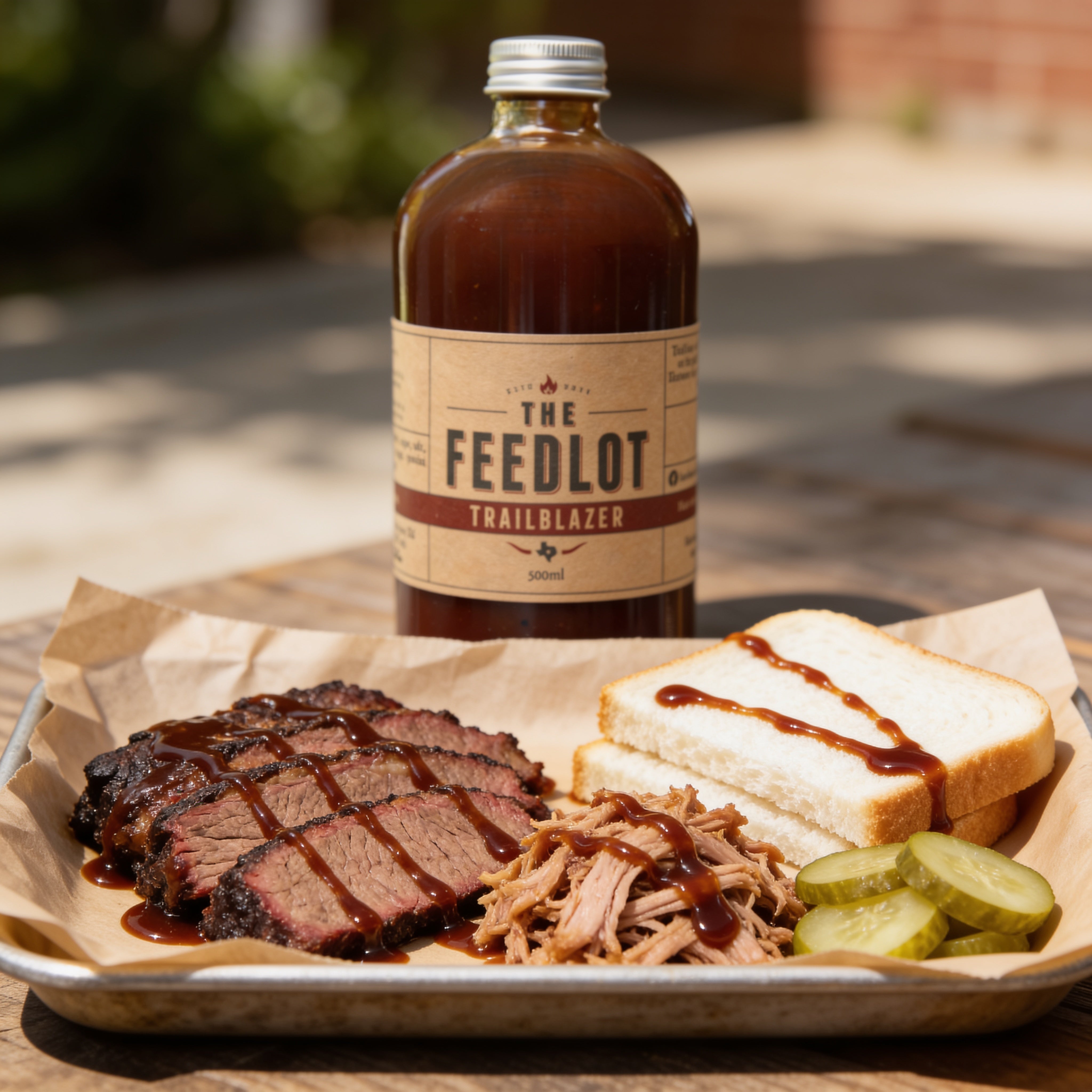 THE FEEDLOT Trailblazer Texas Style BBQ Sauce - sliced brisket and pulled pork plate