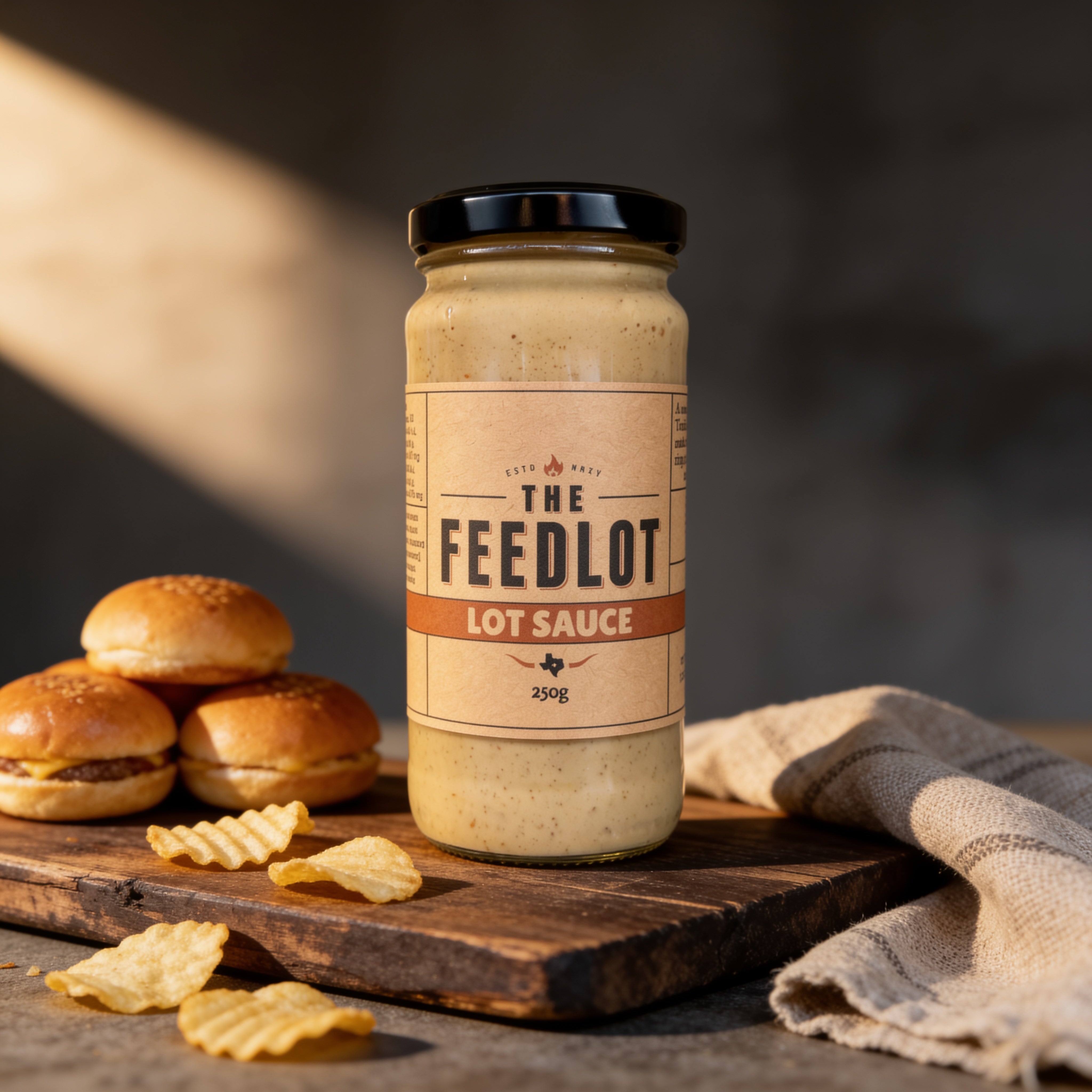 THE FEEDLOT Lot Sauce Smoky BBQ Mayo - beauty shot on wood board with burger buns