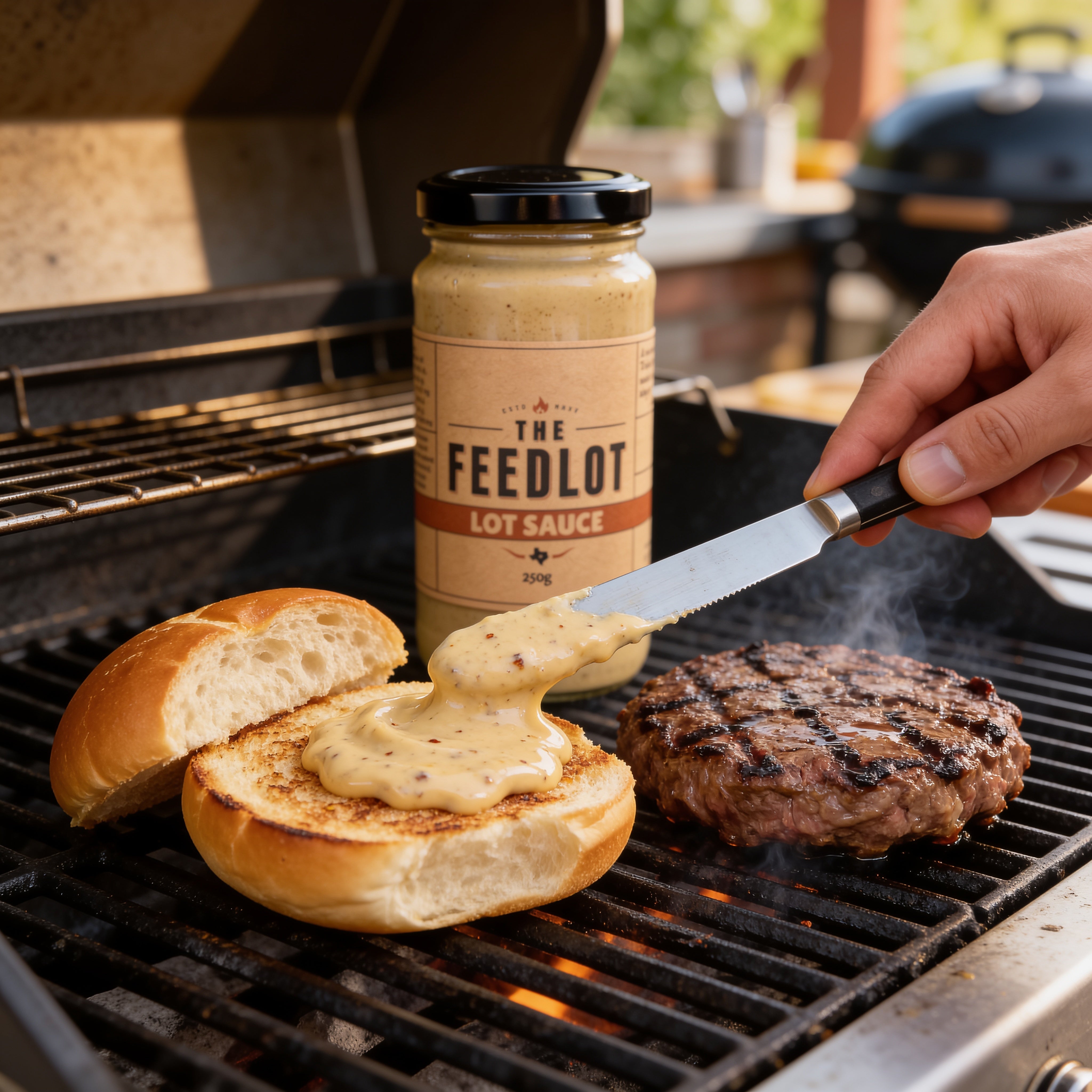 THE FEEDLOT Lot Sauce Smoky BBQ Mayo - being spread onto a burger bun on the grill