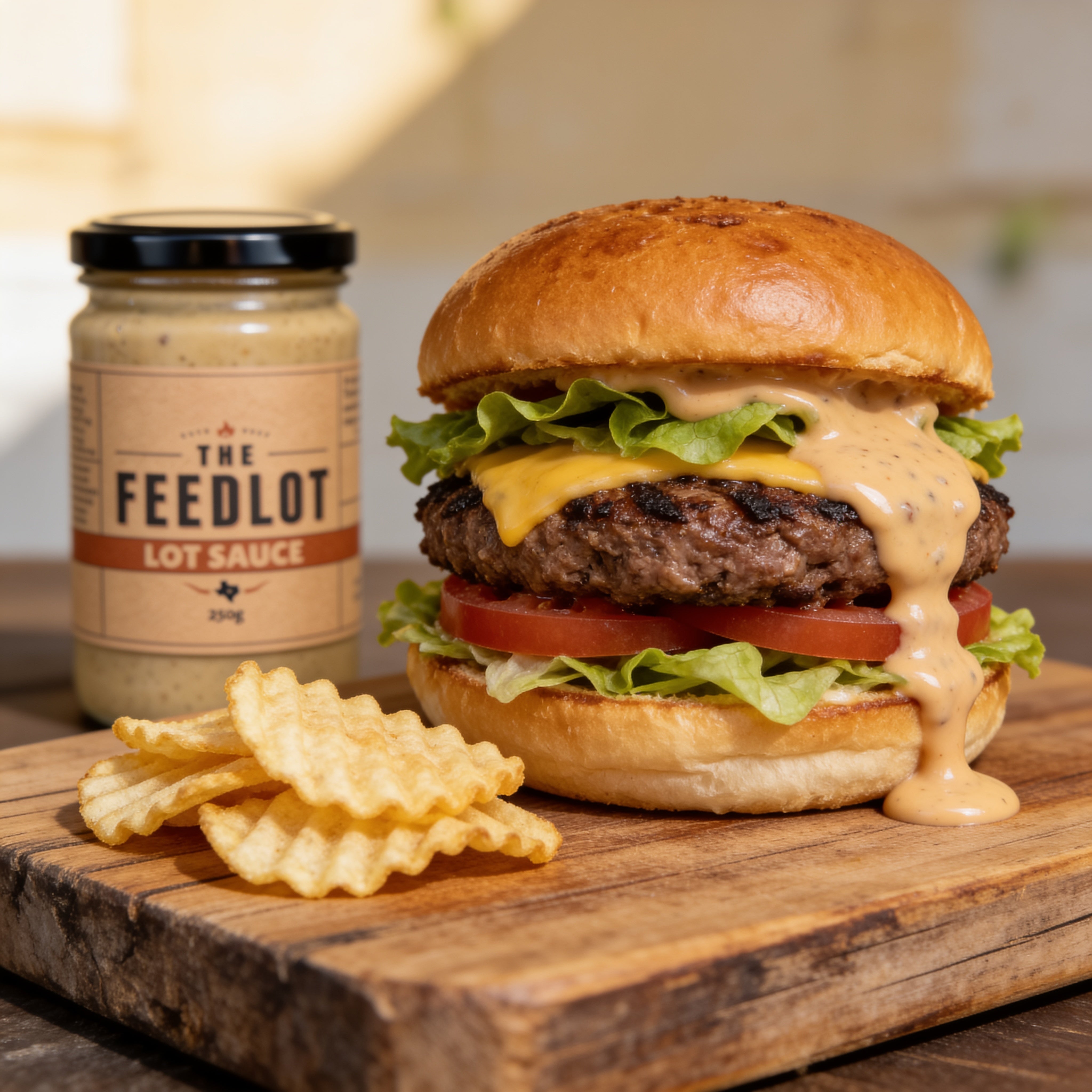 THE FEEDLOT Lot Sauce Smoky BBQ Mayo - finished loaded burger with sauce