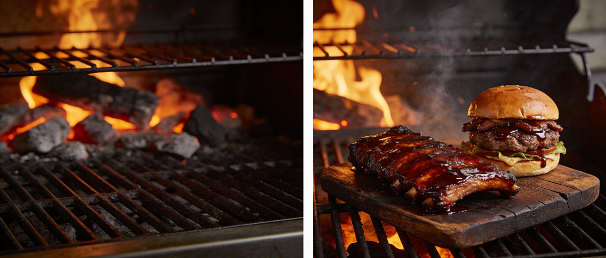 The Feedlot Barnyard Brew Espresso BBQ Sauce 500ml banner — glazed brisket burger and glossy beef ribs on a smoky grill