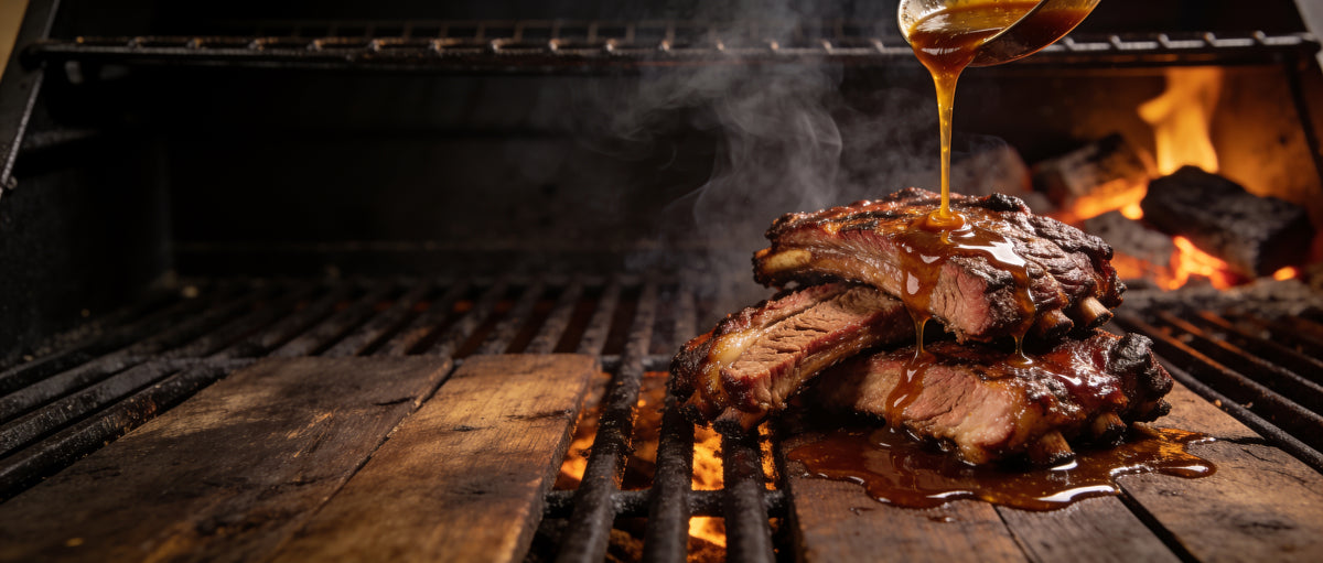 The Feedlot Trailblazer Texas Style BBQ Sauce 500ml banner — smoky brisket and ribs being basted on the smoker