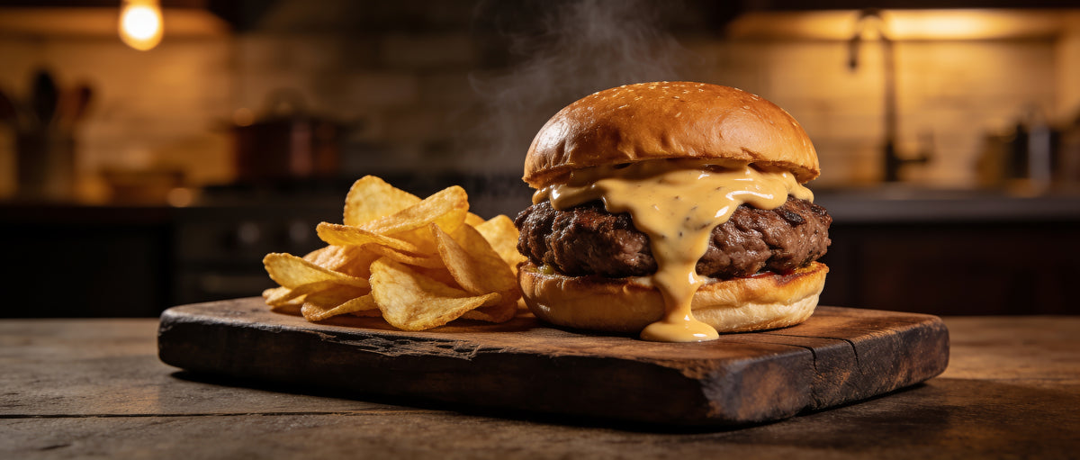 The Feedlot Lot Sauce Smoky BBQ Mayo 250g banner — burger topped with smoky mayo, side of crispy chips