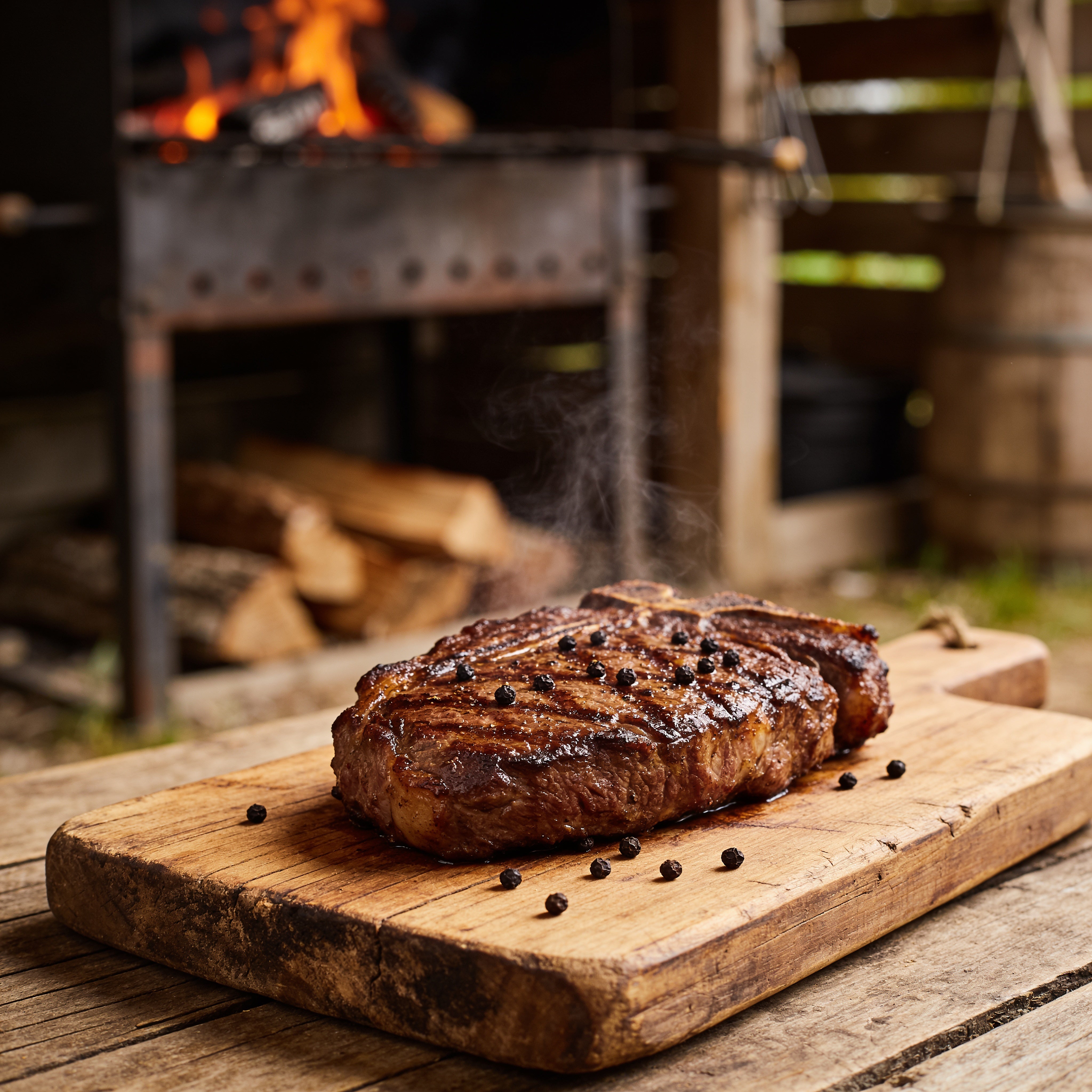 Seared steak with a dark peppery crust resting on a wooden chopping board