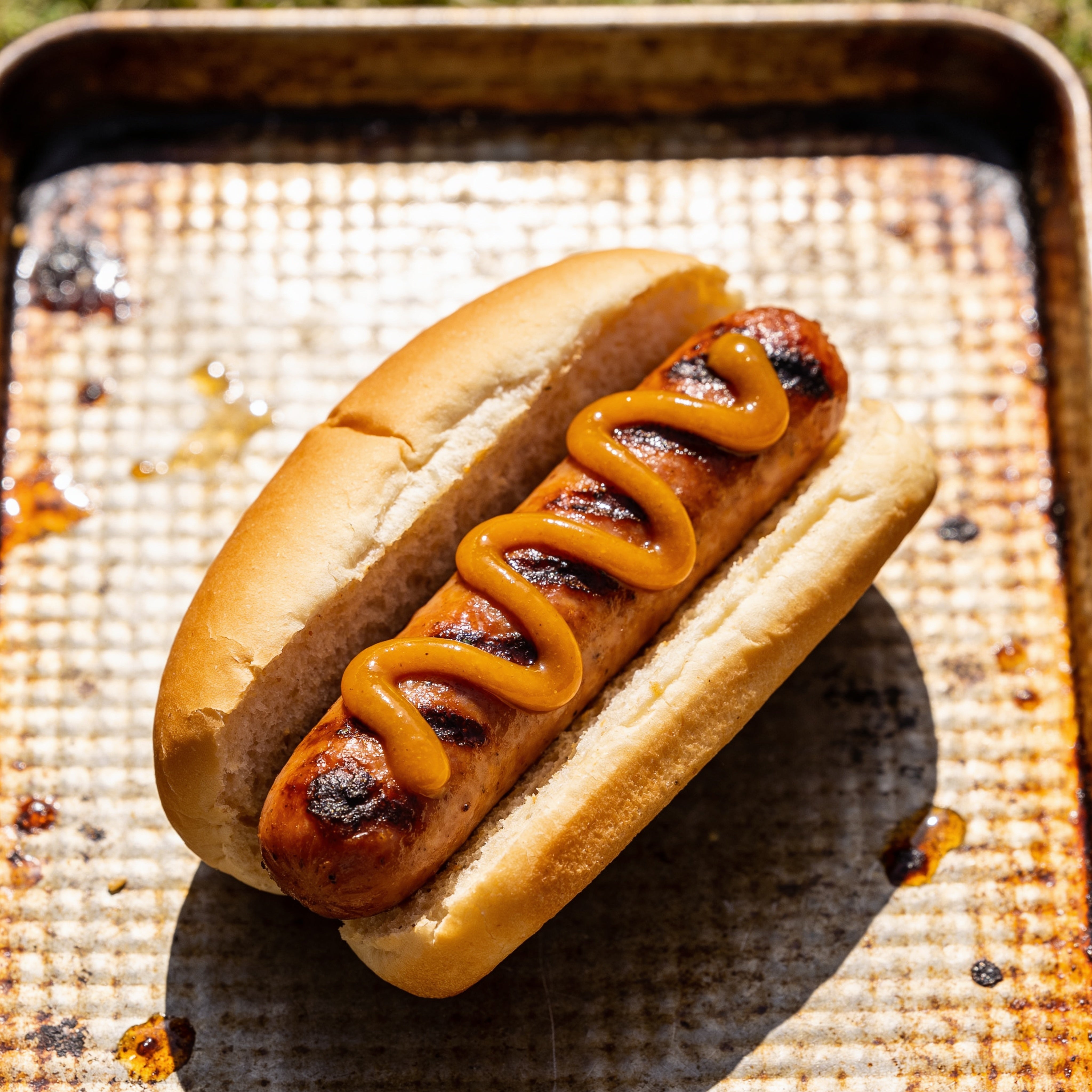 Grilled sausage in a soft bun topped with a squiggle of amber sauce on a tray