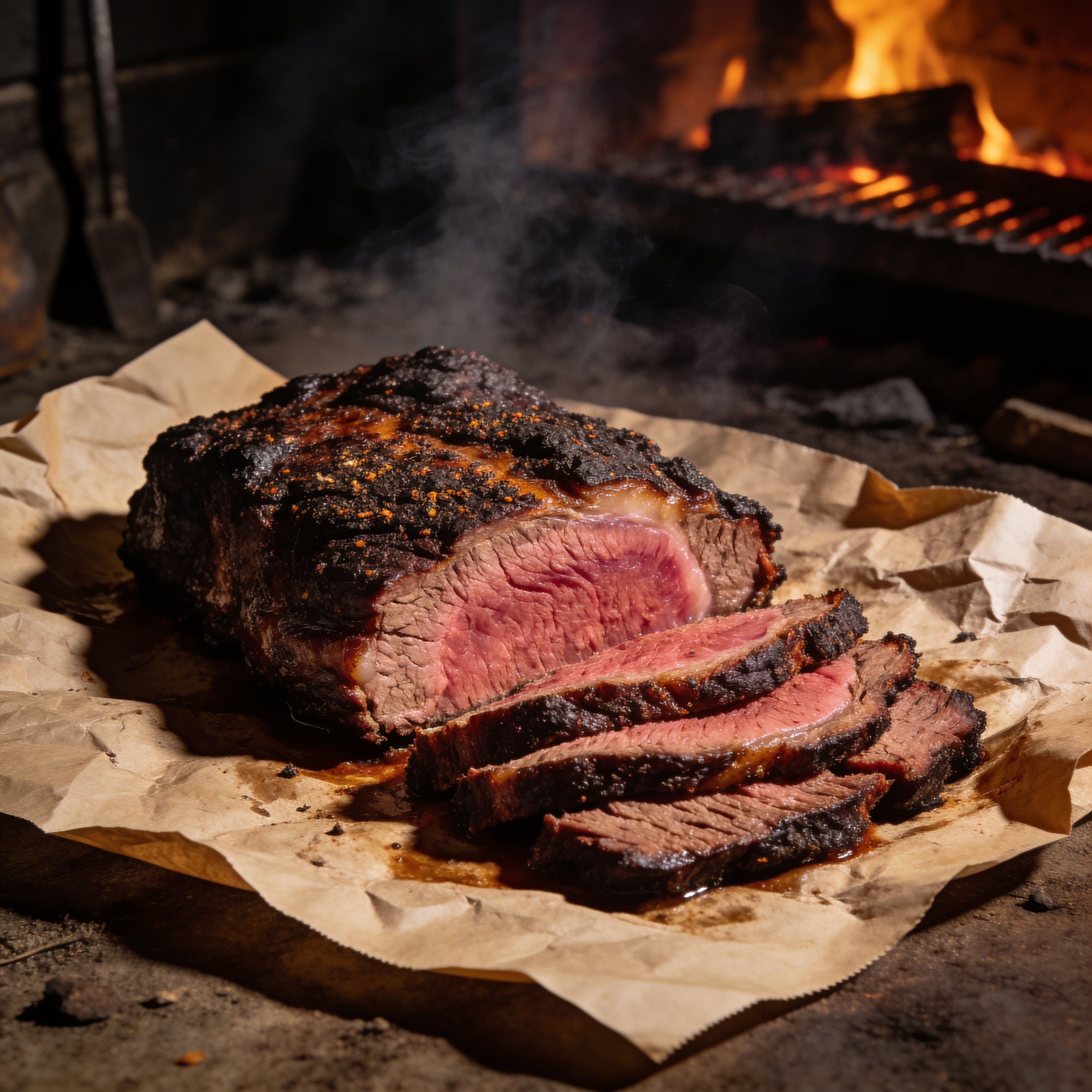 Sliced smoked beef brisket showing dark peppery bark and pink smoke ring on butcher paper