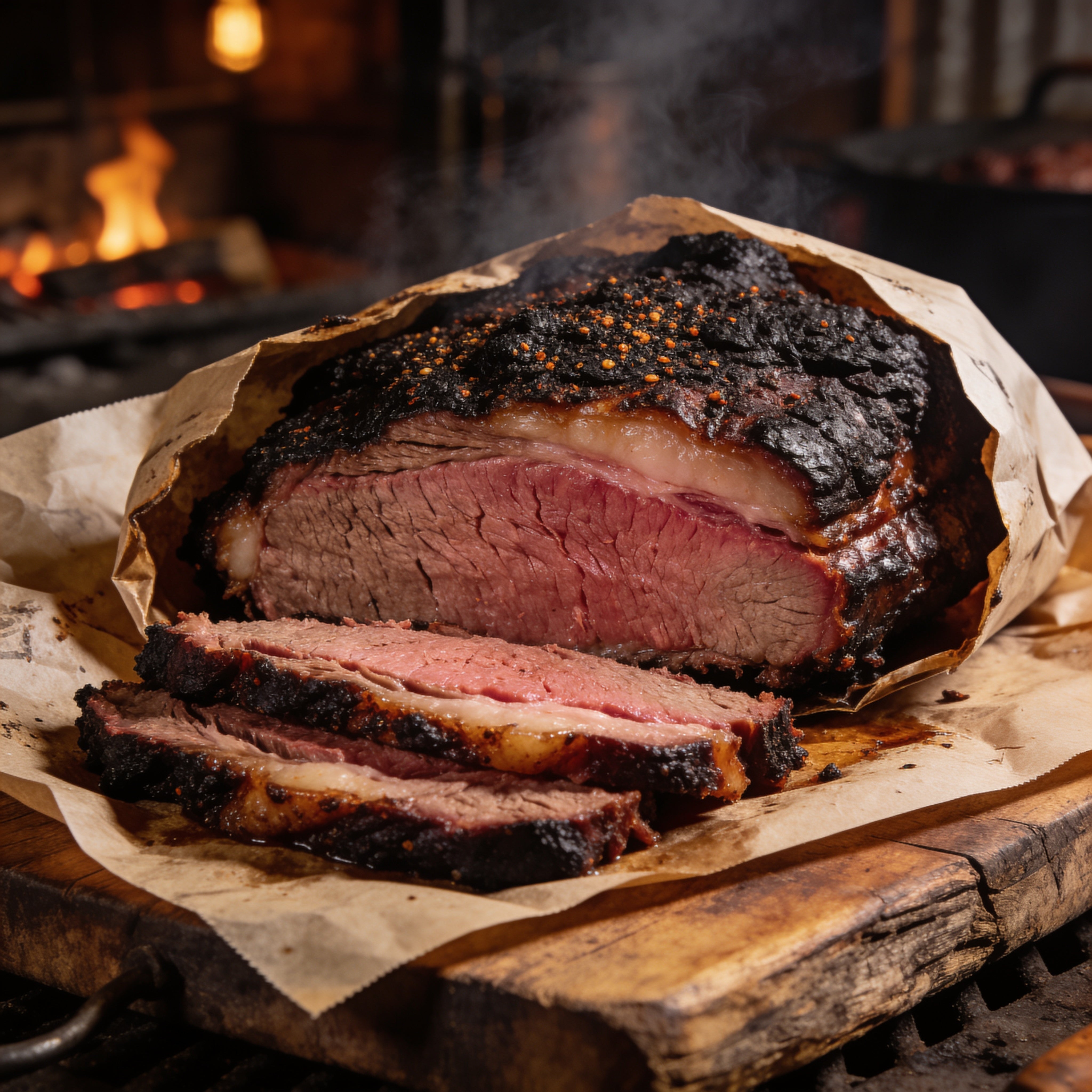 Whole smoked brisket sliced open on butcher paper showing a deep pink smoke ring