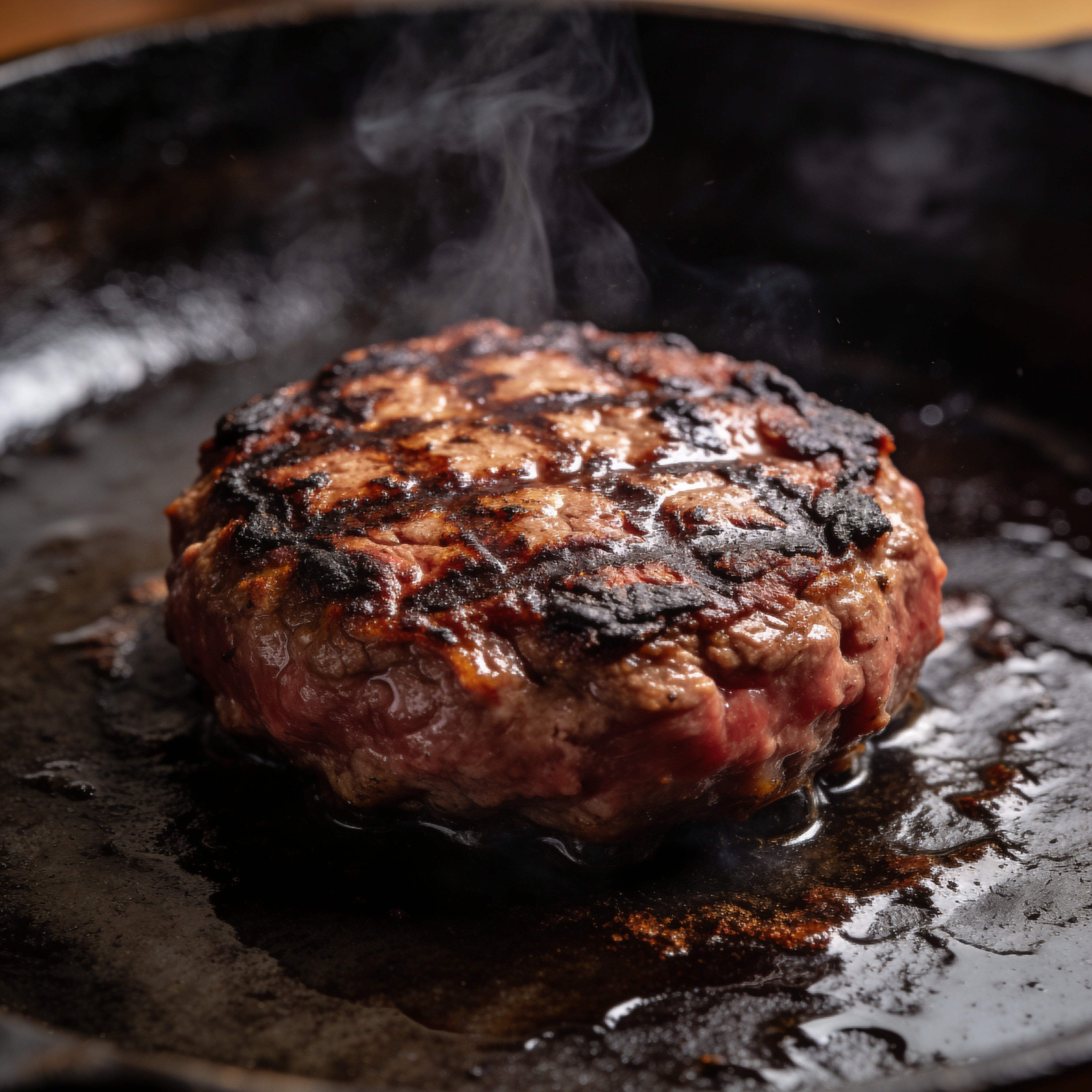 Thick beef burger patties with charred crust sizzling on a cast-iron griddle