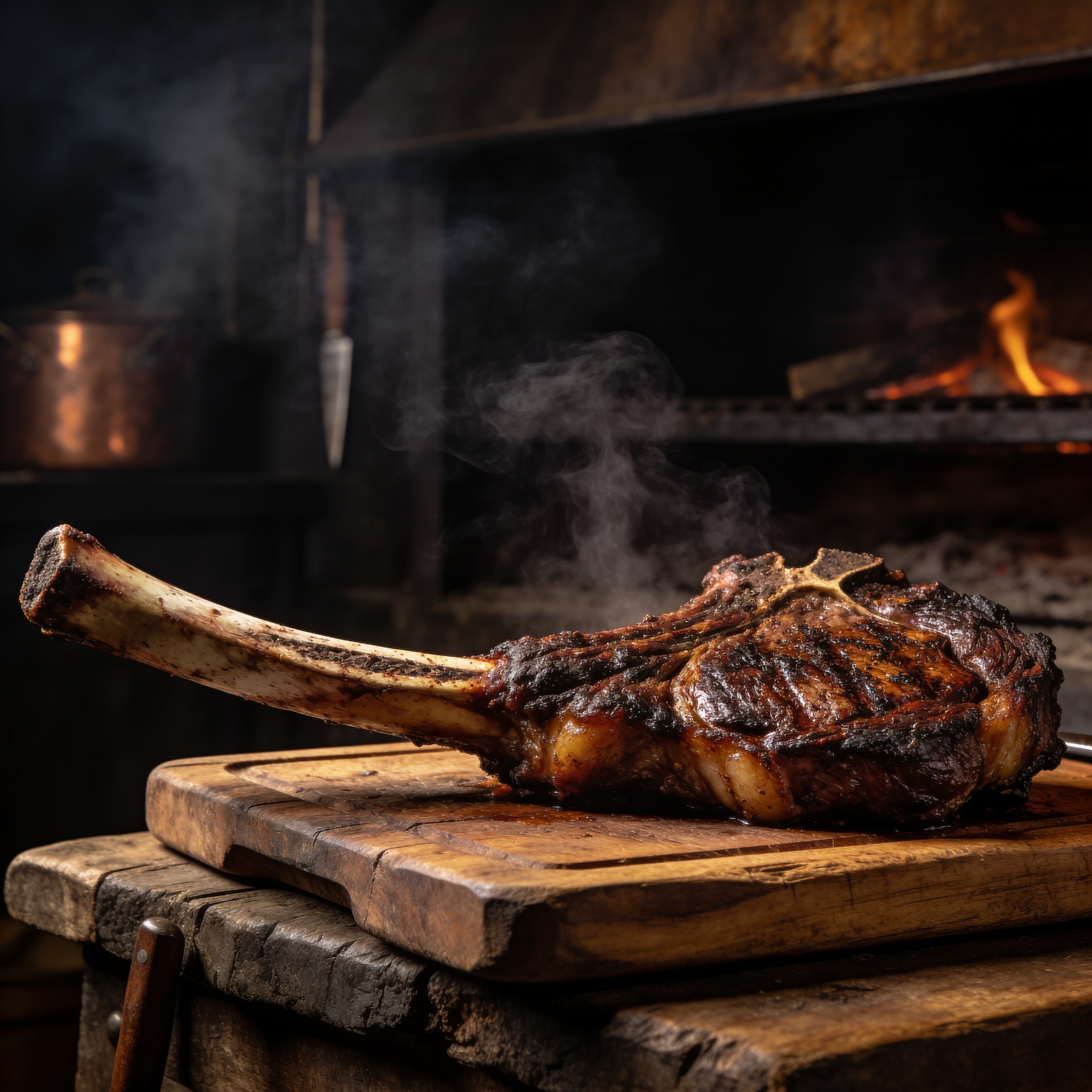 Bone-in tomahawk steak with a dark seared crust resting on a wooden board