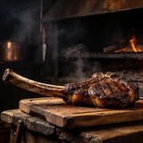 Bone-in tomahawk steak with a dark seared crust resting on a wooden board