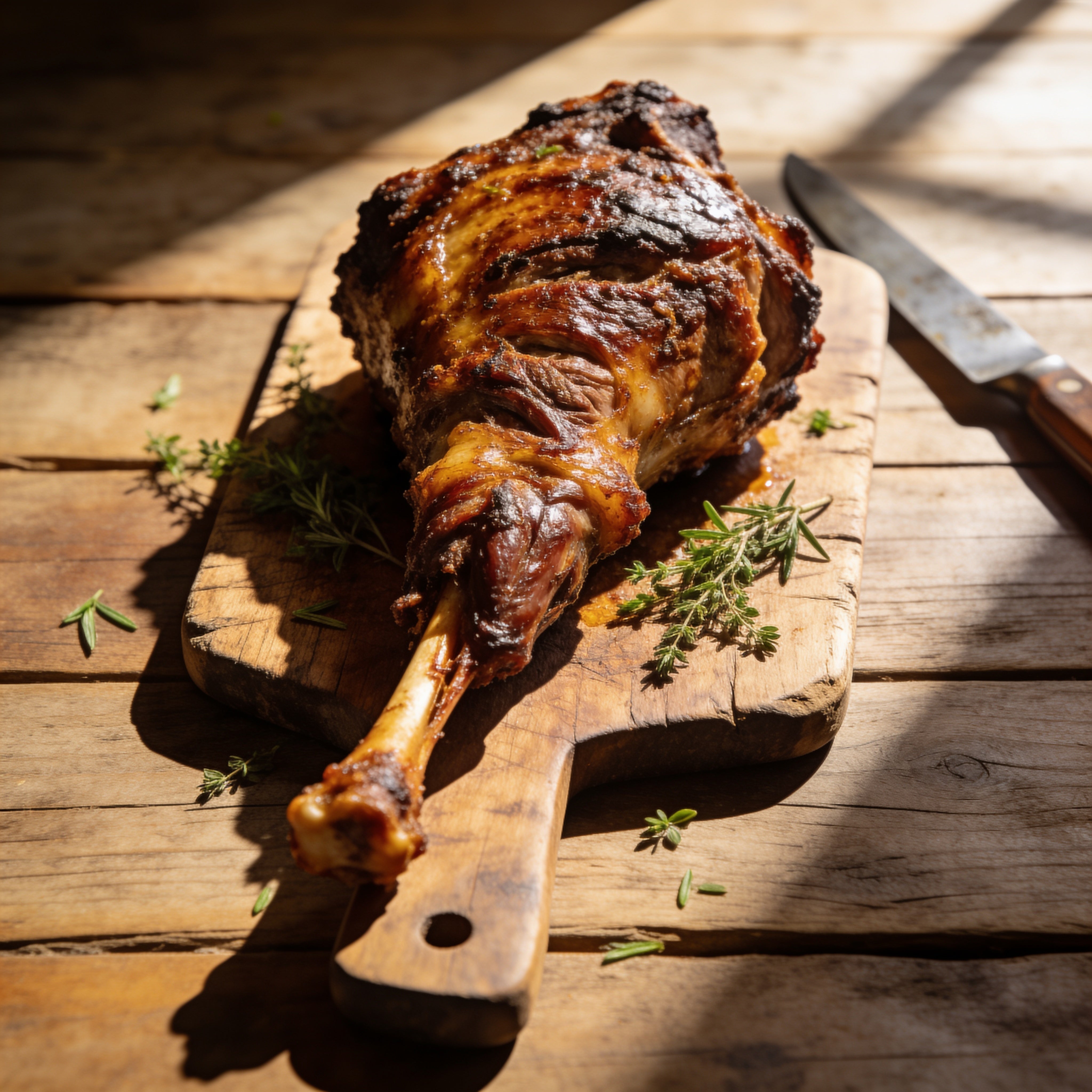 Roasted lamb shoulder with golden-brown crust on a wooden carving board with herbs
