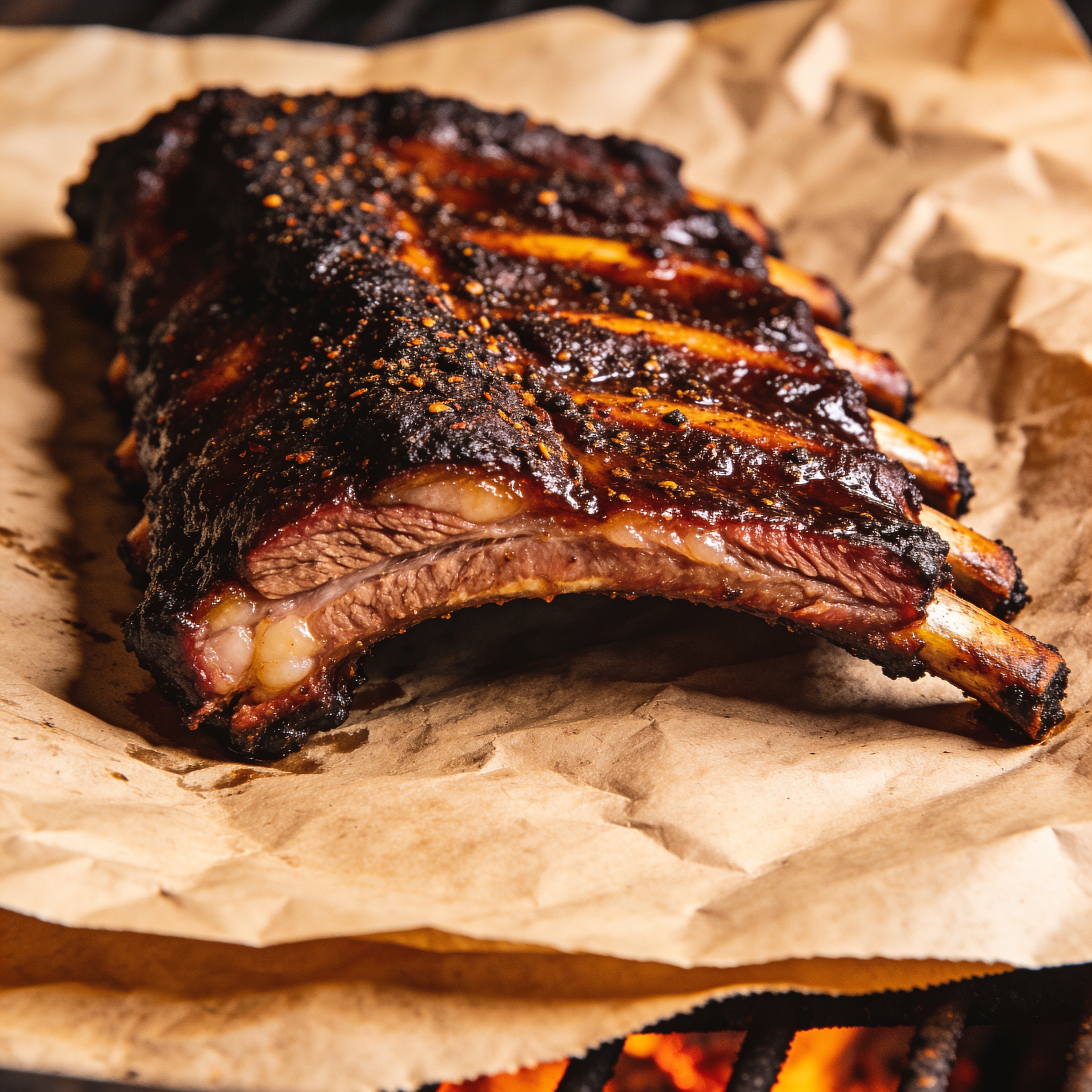 Smoked beef short ribs with dark peppery bark resting on butcher paper