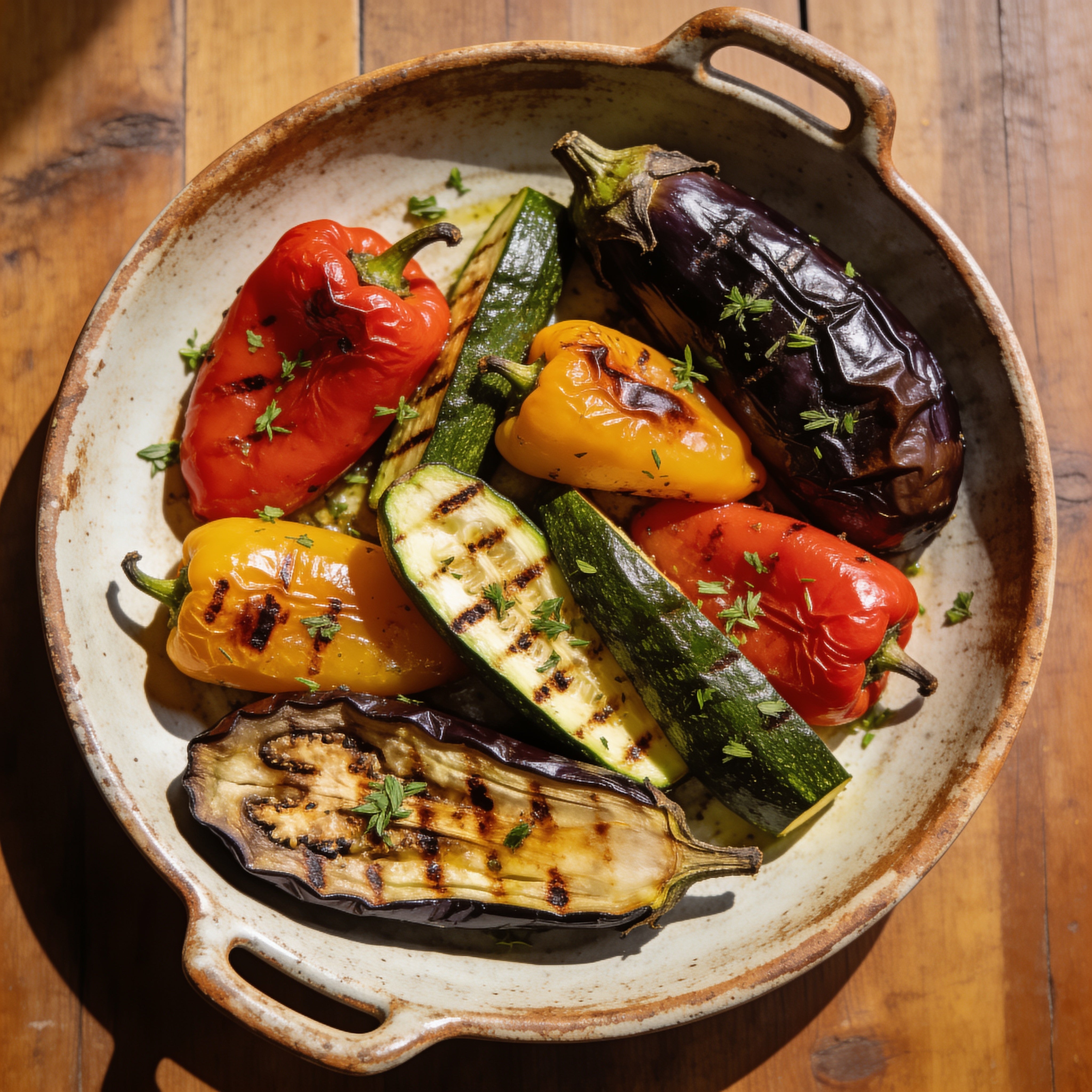 Platter of roasted Mediterranean vegetables with herb flecks and char marks