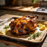 Whole roast chicken with a golden caramelised crust on a rustic tray
