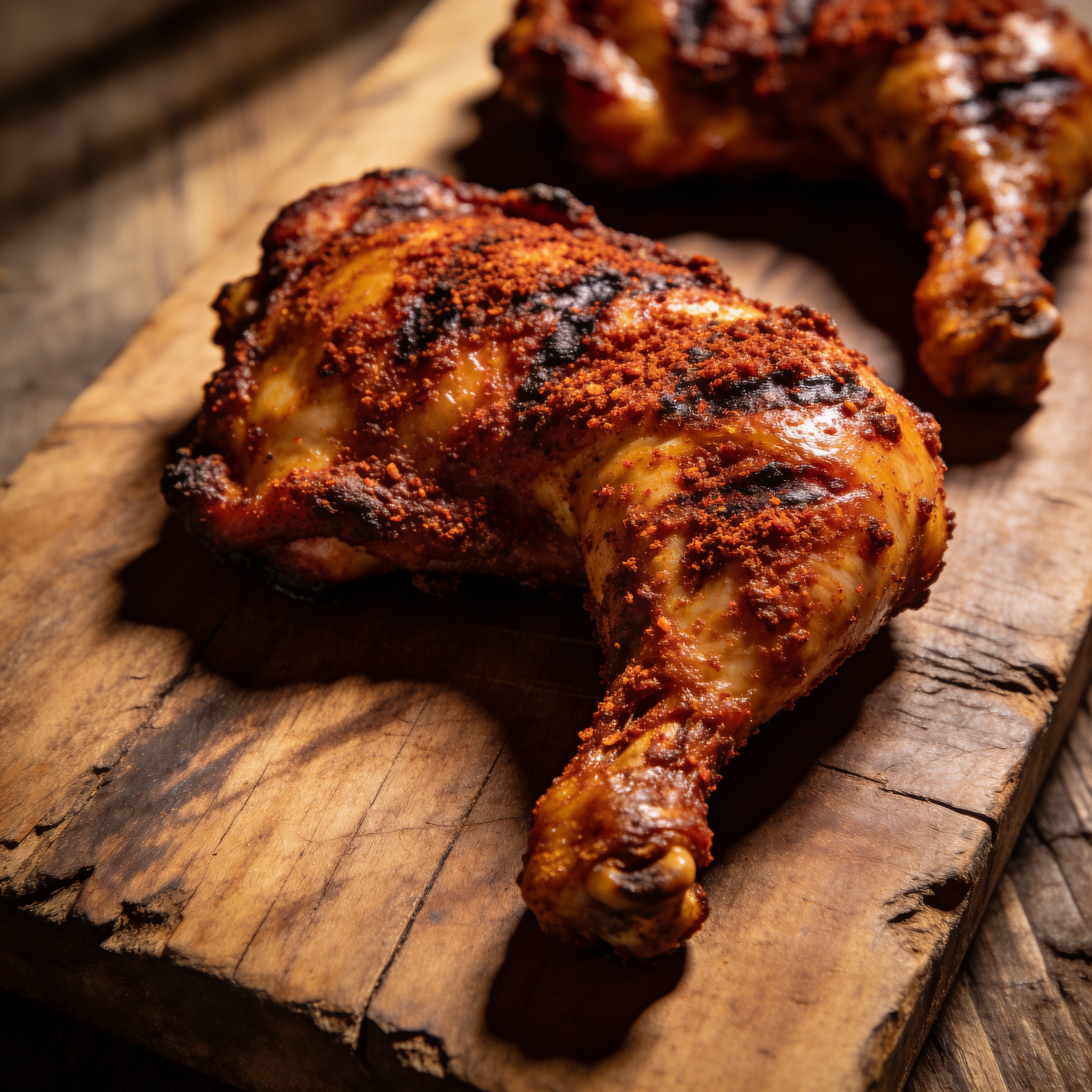 Grilled chicken thighs with a reddish-brown spice crust on a wooden board