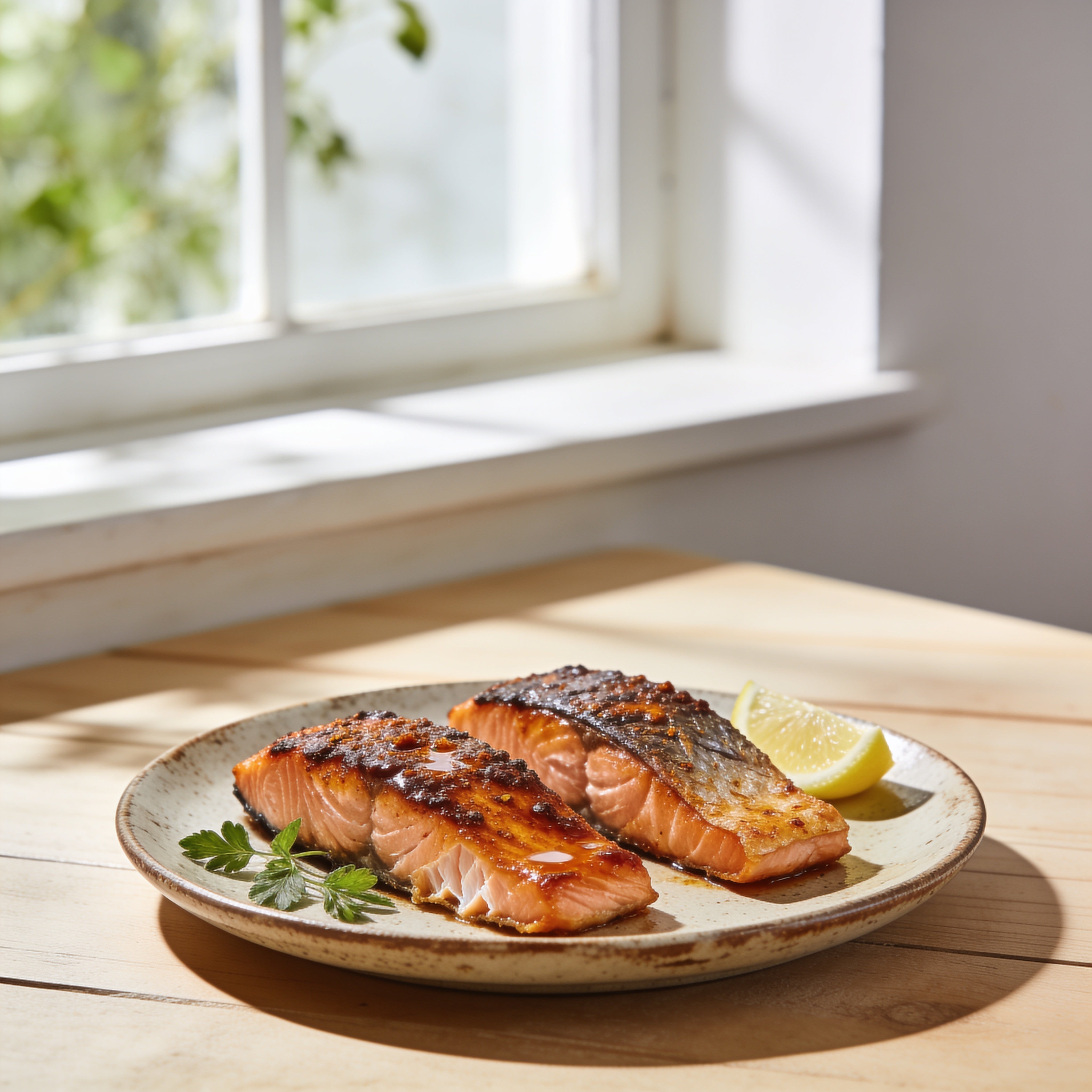 Pan-seared salmon fillets with a caramelised sweet-spiced crust on a plate