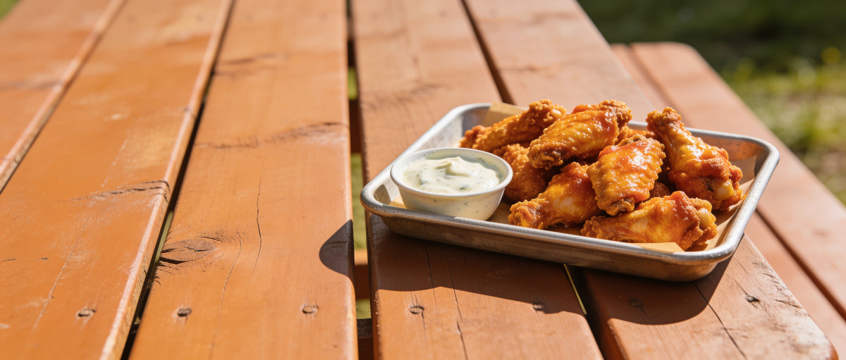 Smokes Seasoning Cowboy Butter Ranch Seasoning Mix beside a bowl of creamy ranch dip and a tray of buffalo wings