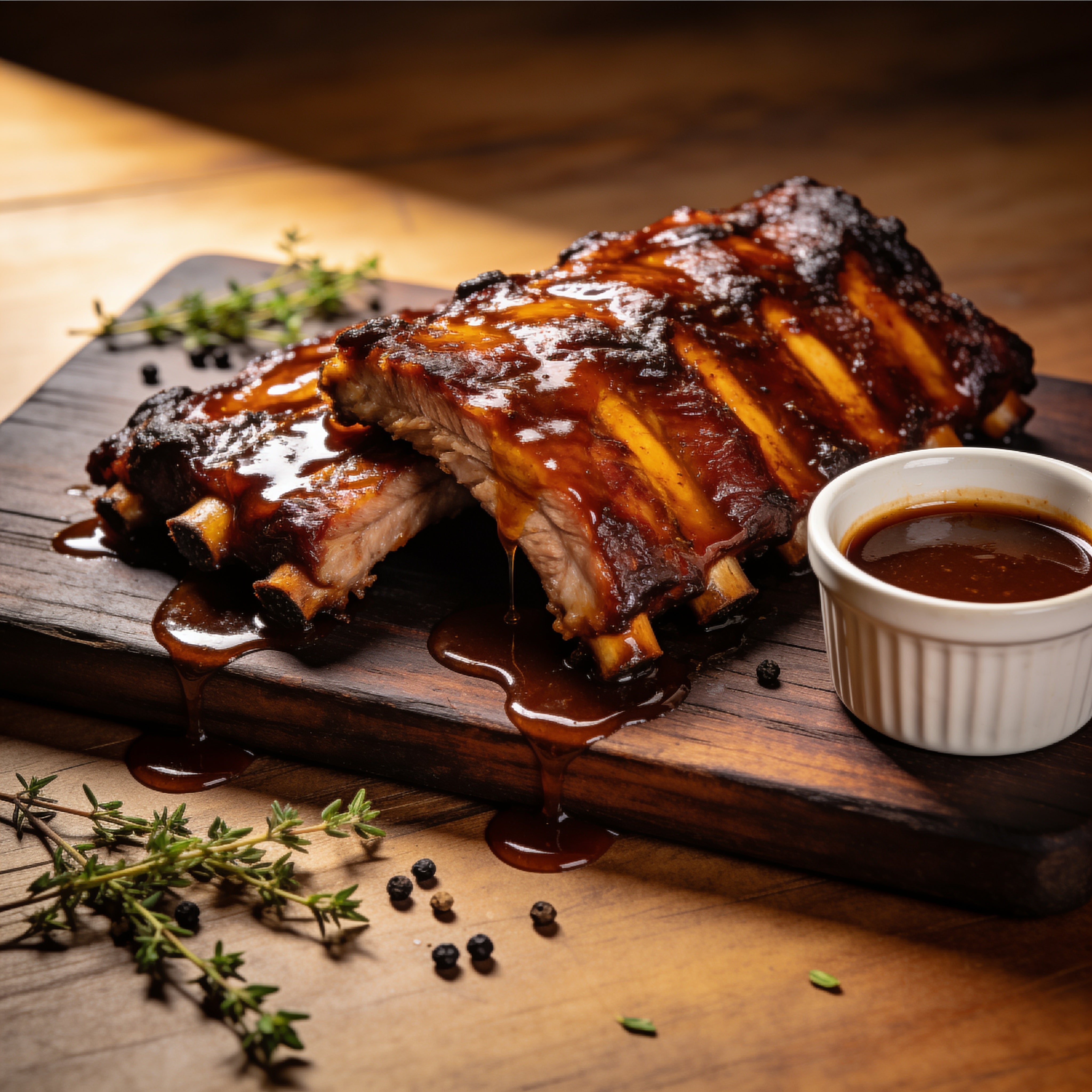 Smoke on Wheels Bootleg Bourbon BBQ Sauce – styled glazed ribs board