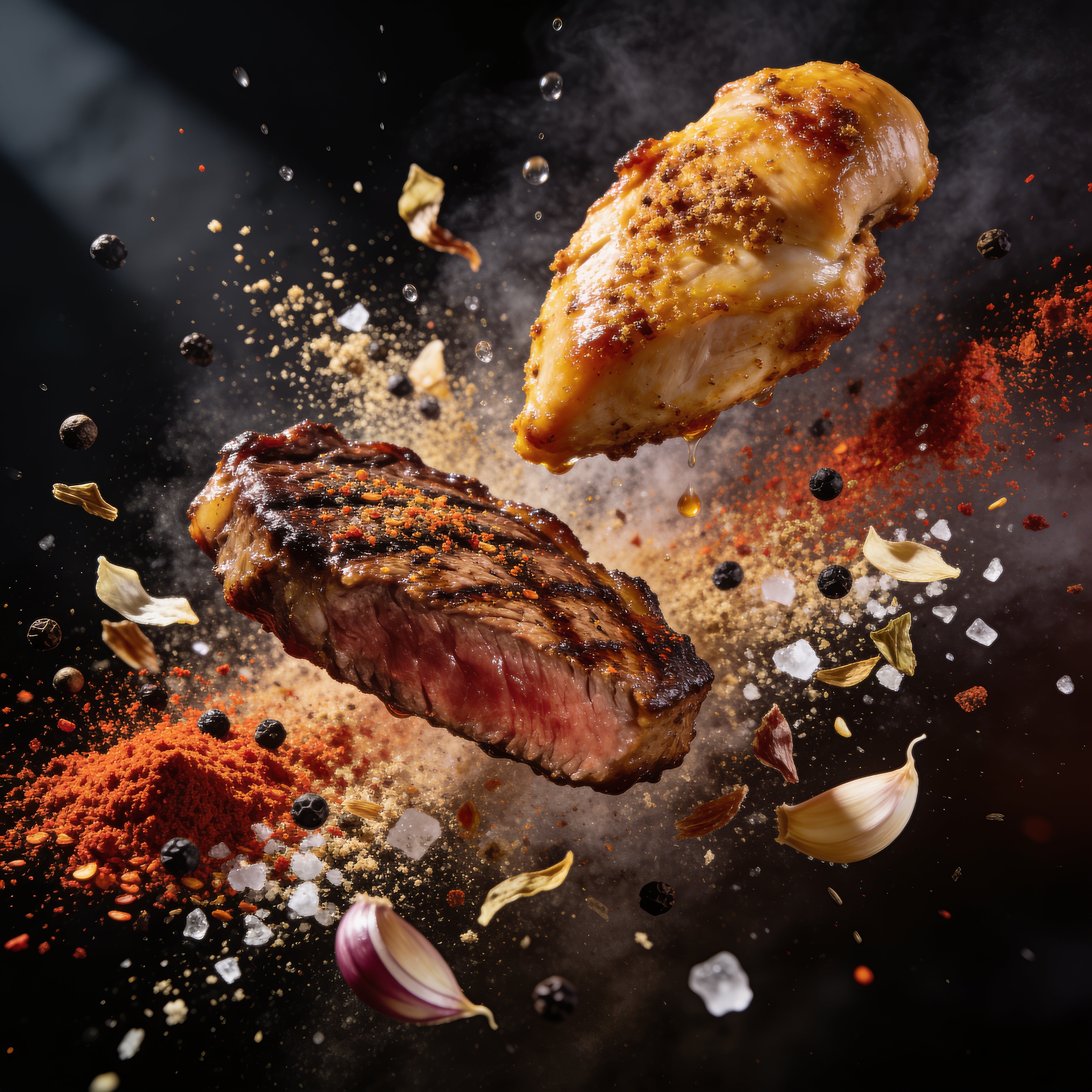 Republic The General gluten-free all-purpose BBQ rub - exploded view of steak, chicken and rub ingredients