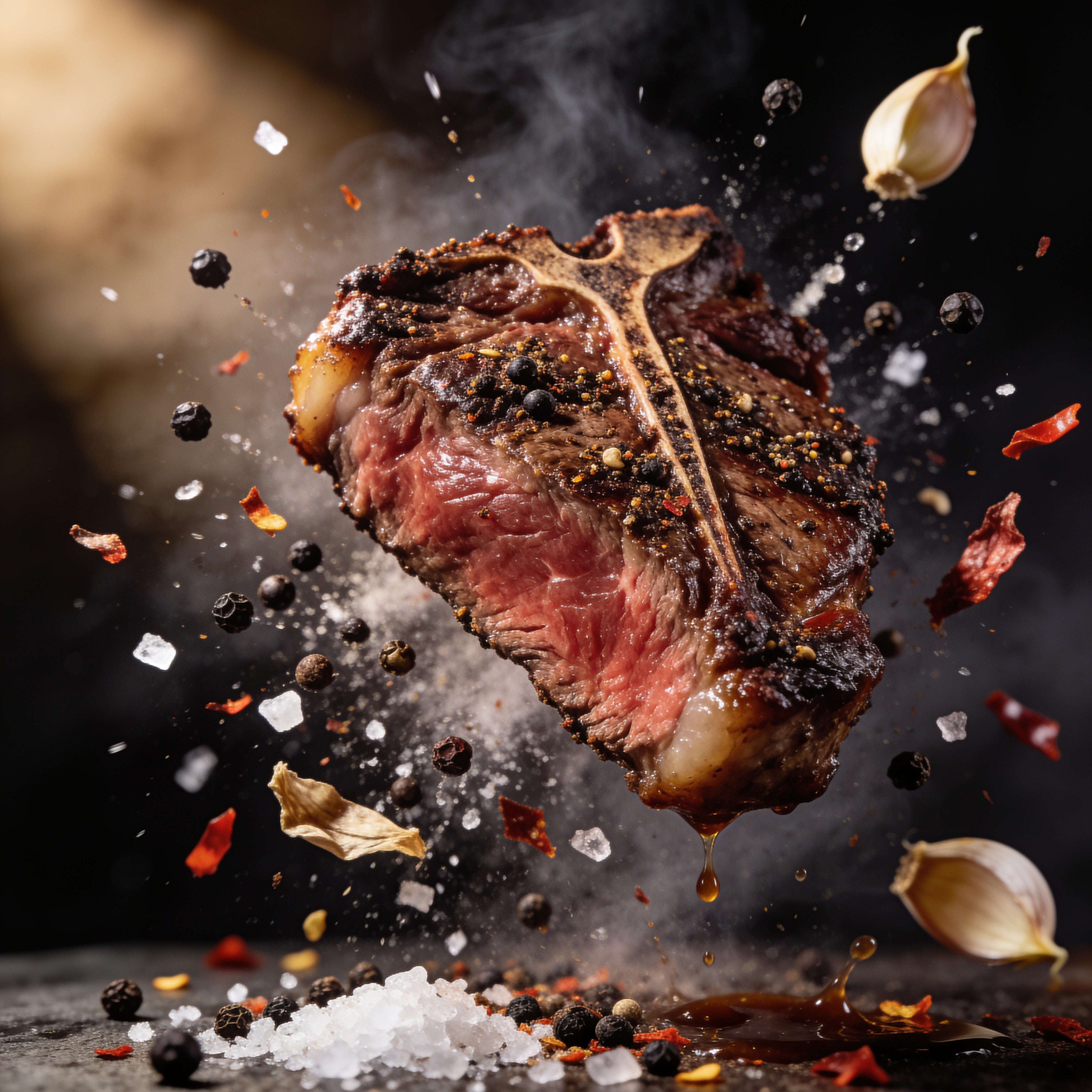 Republic Signature Beef gluten-free BBQ rub - exploded view of steak with pepper, salt and garlic