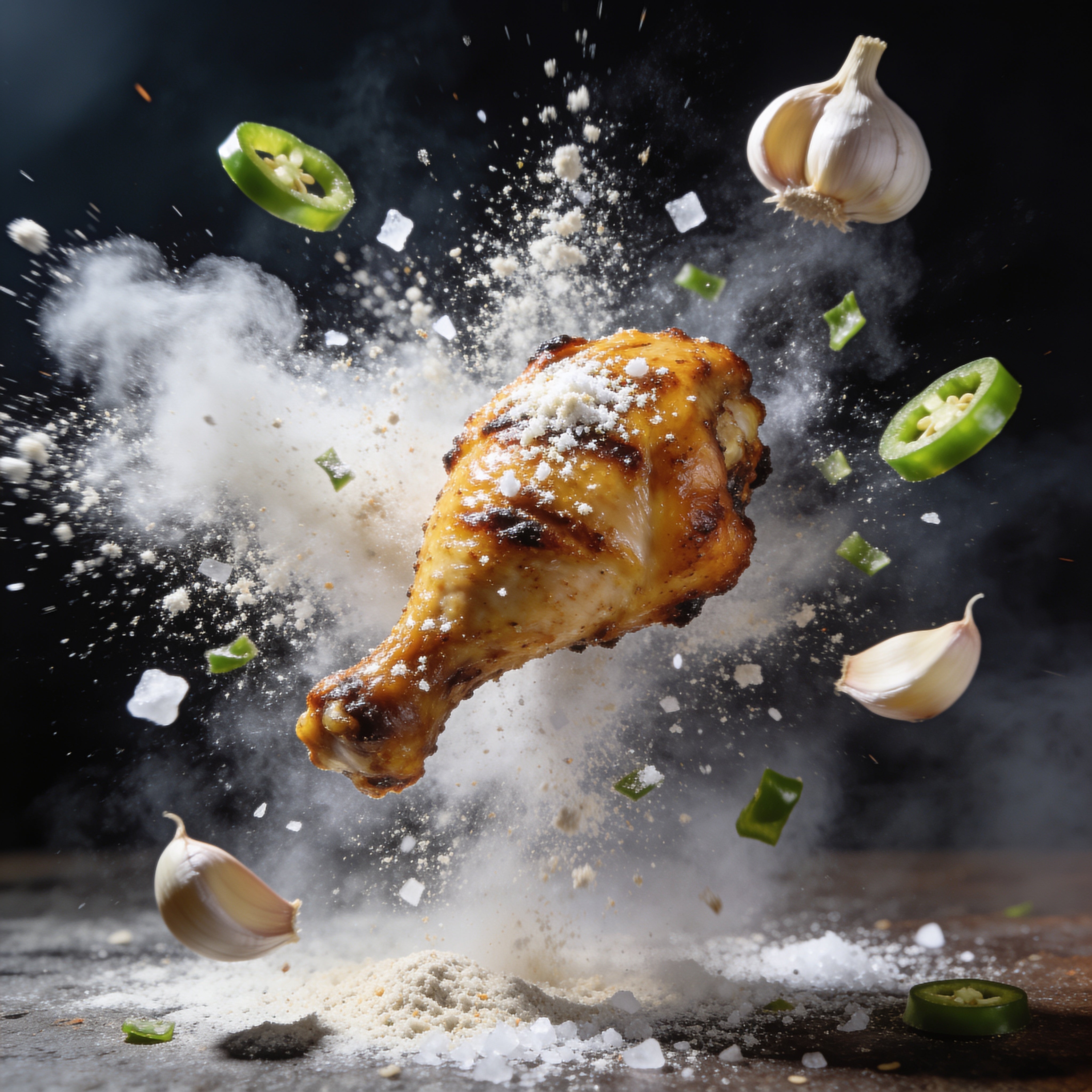 Republic Jalapeno Garlic gluten-free BBQ rub - exploded view of chicken with garlic and jalapeno