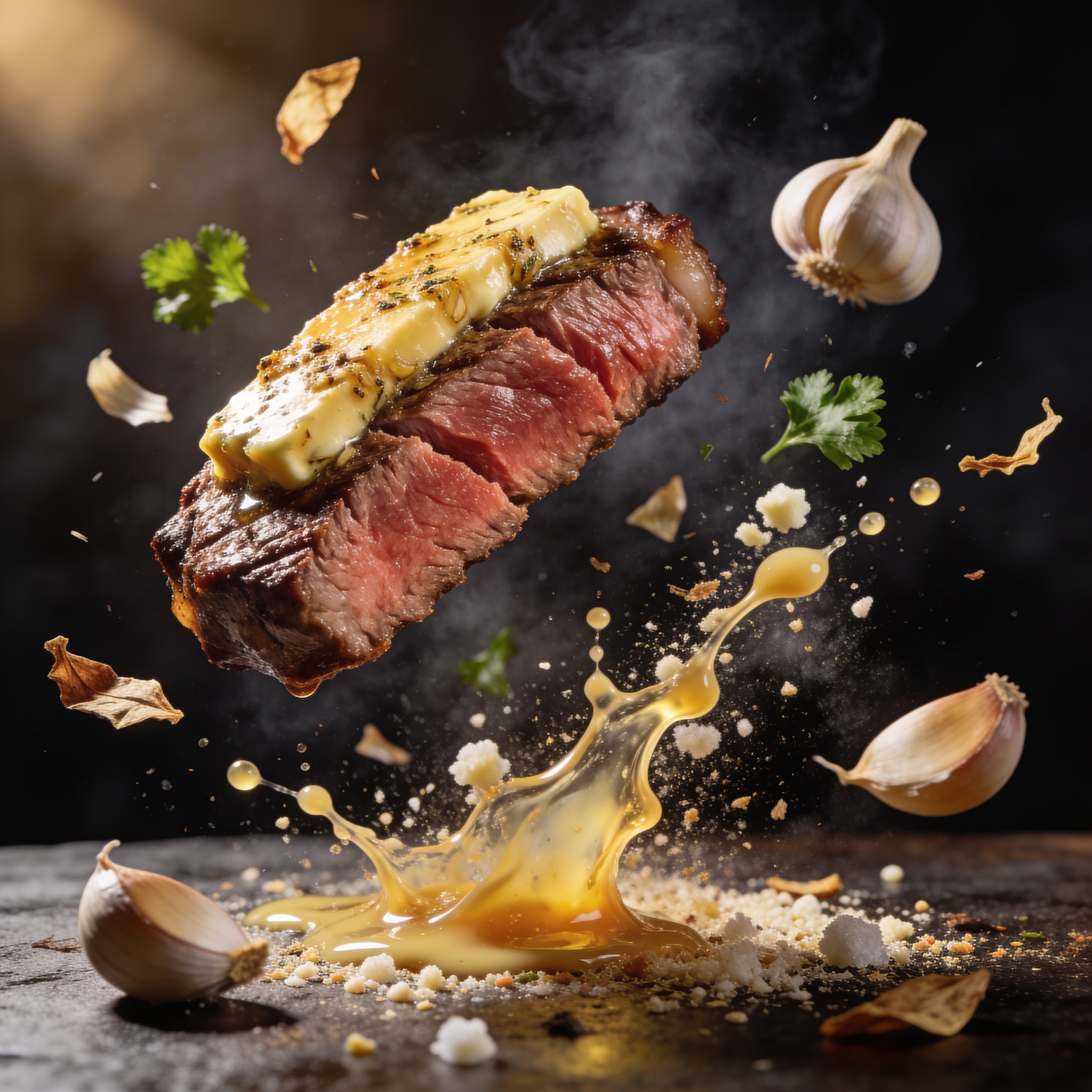 Republic Garlic Butter gluten-free BBQ rub - exploded view of steak, garlic butter and garlic