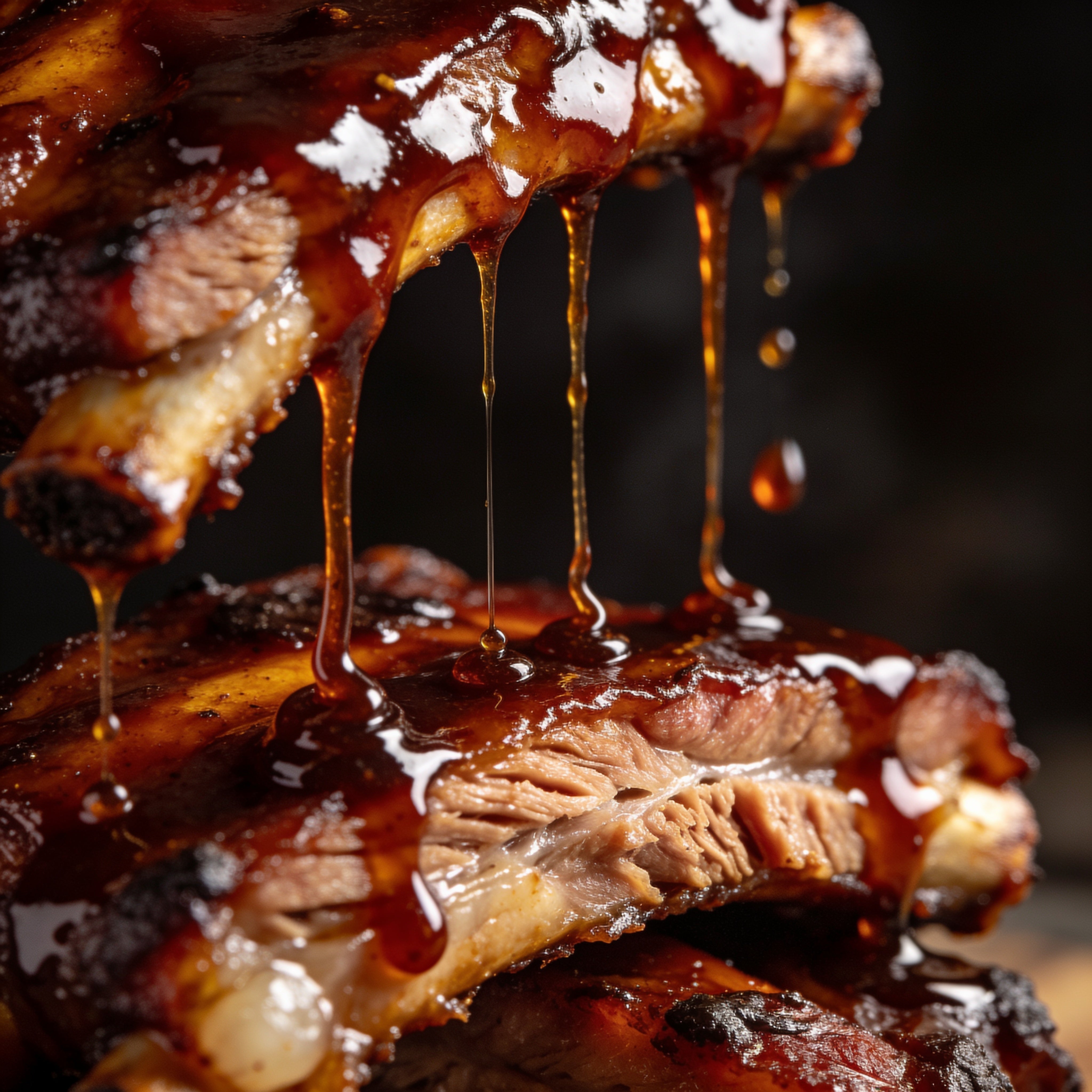Republic Smokey BBQ Sauce gluten-free - macro close-up of sauce dripping off a sticky pork rib