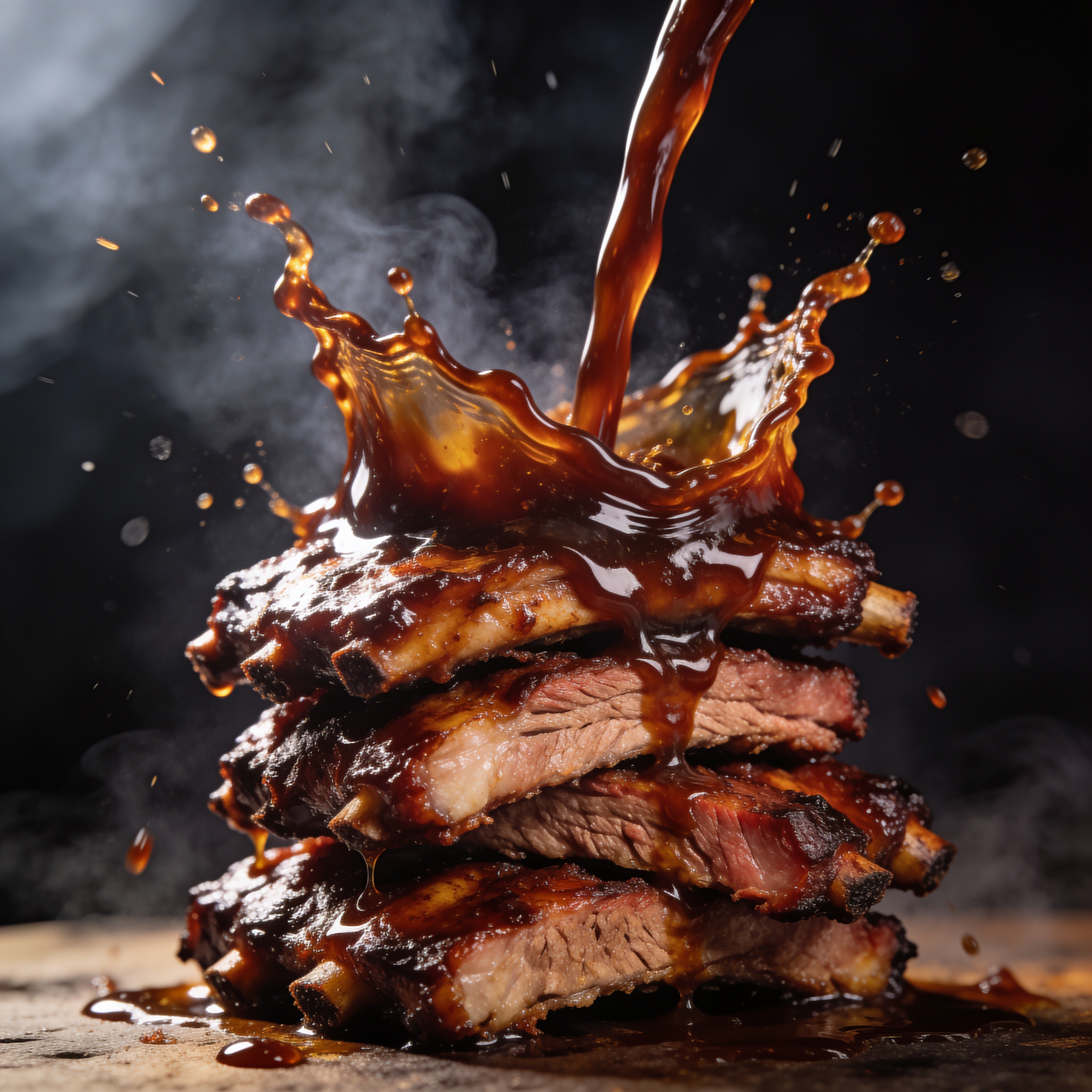 Republic Smokey BBQ Sauce gluten-free - sauce splash over stacked ribs and brisket