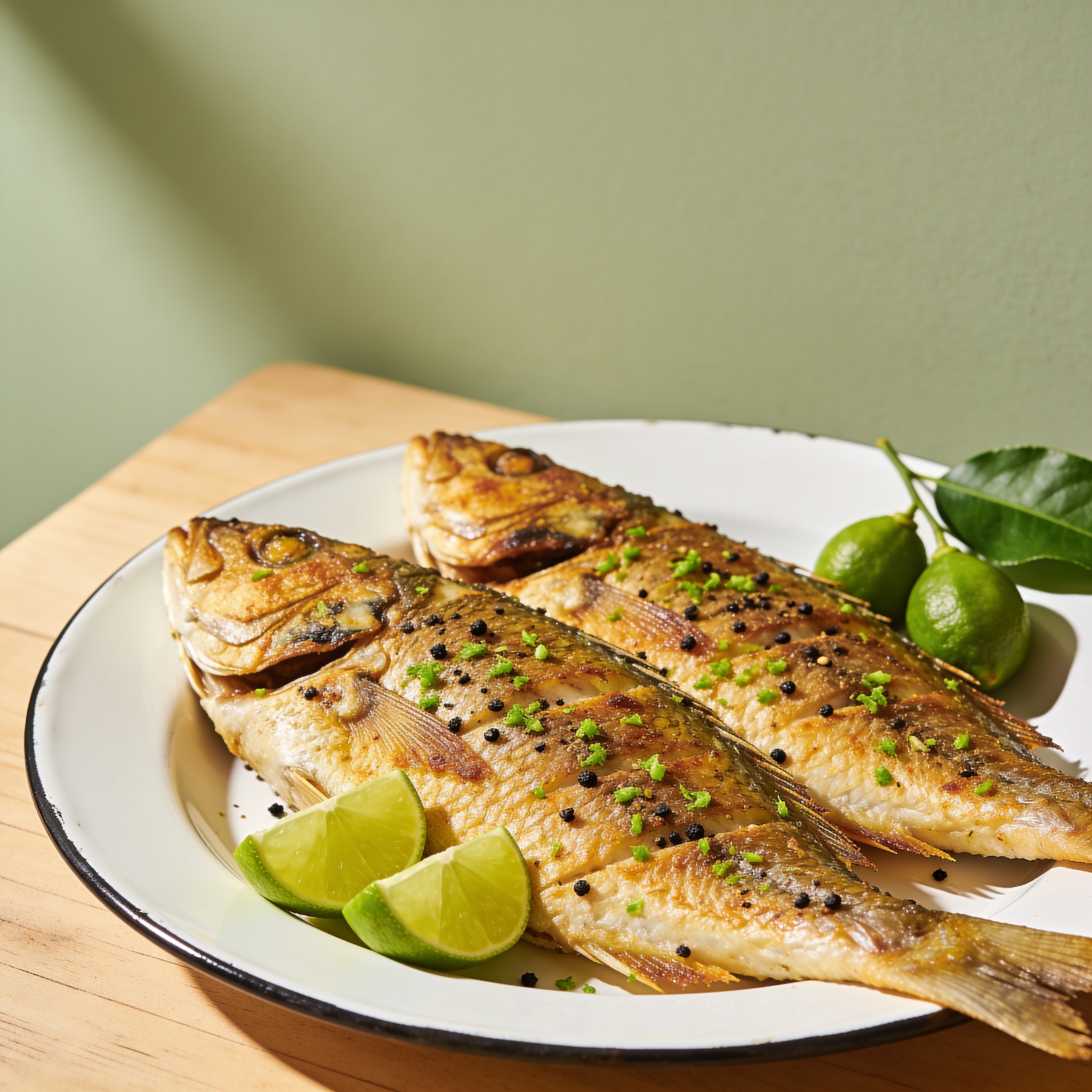 Outlaw Barbecue Lawless 220g lime and black pepper BBQ rub — pan-fried whole fish with cracked pepper, lime zest and lime wedges