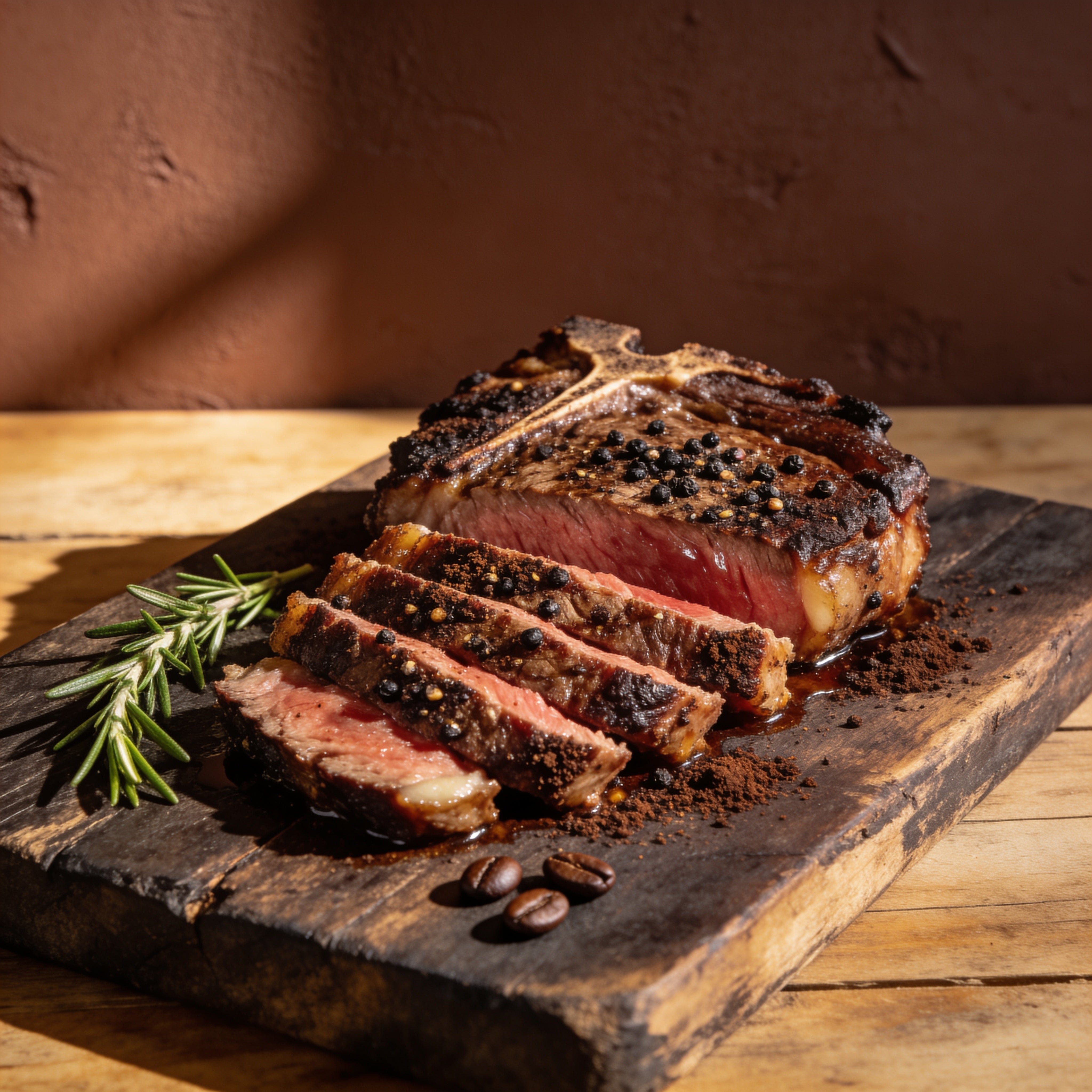 Outlaw Barbecue Stockman CRUST 250g espresso beef rub — sliced T-bone with a dark coffee-pepper crust on a timber board