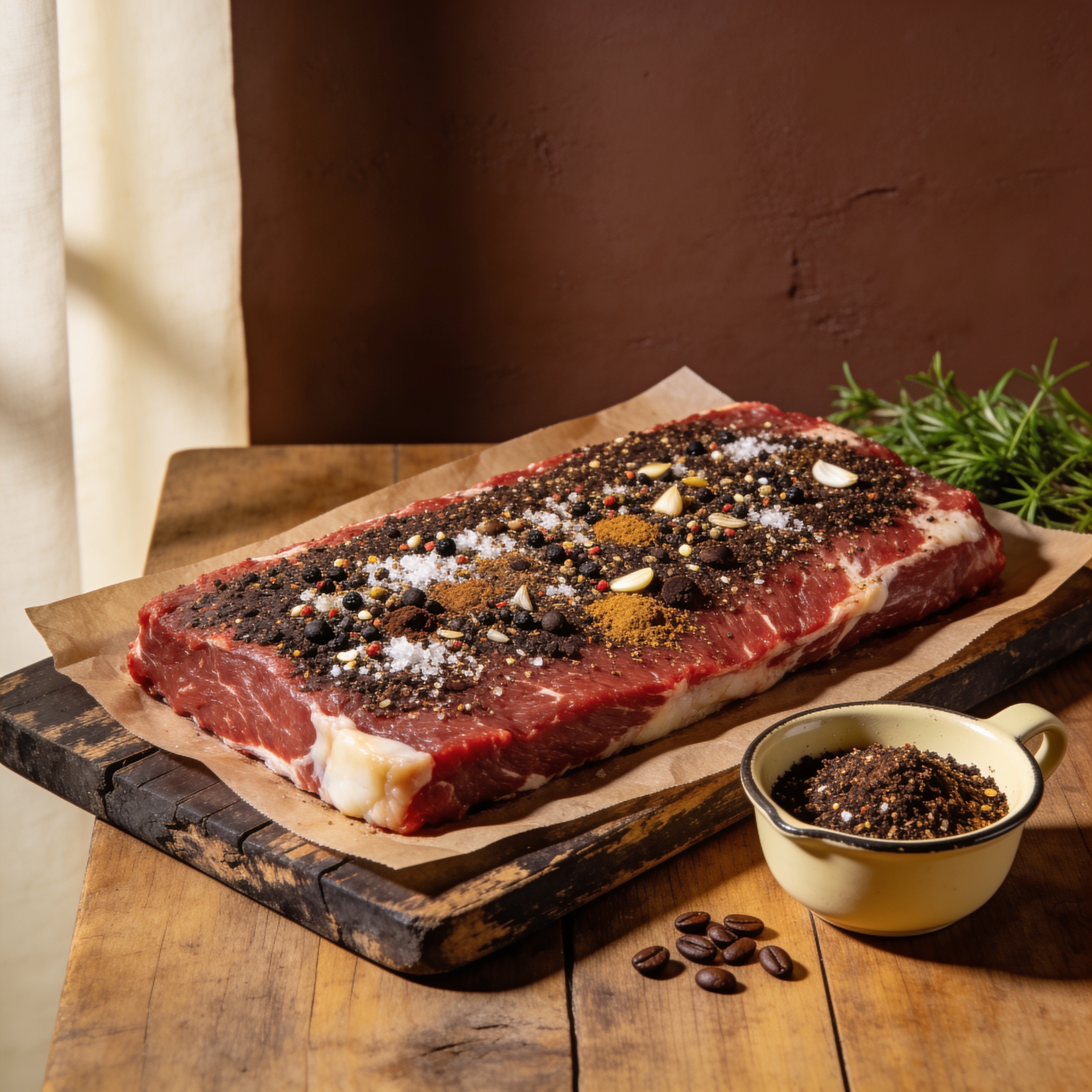 Outlaw Barbecue Stockman CRUST 250g espresso beef rub — raw brisket heavily rubbed with coffee-pepper seasoning, ready to cook
