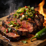 El Chori Hot Jalapeño Chimichurri — sliced scotch fillet steak piled with jalapeño and birdseye chilli chimichurri