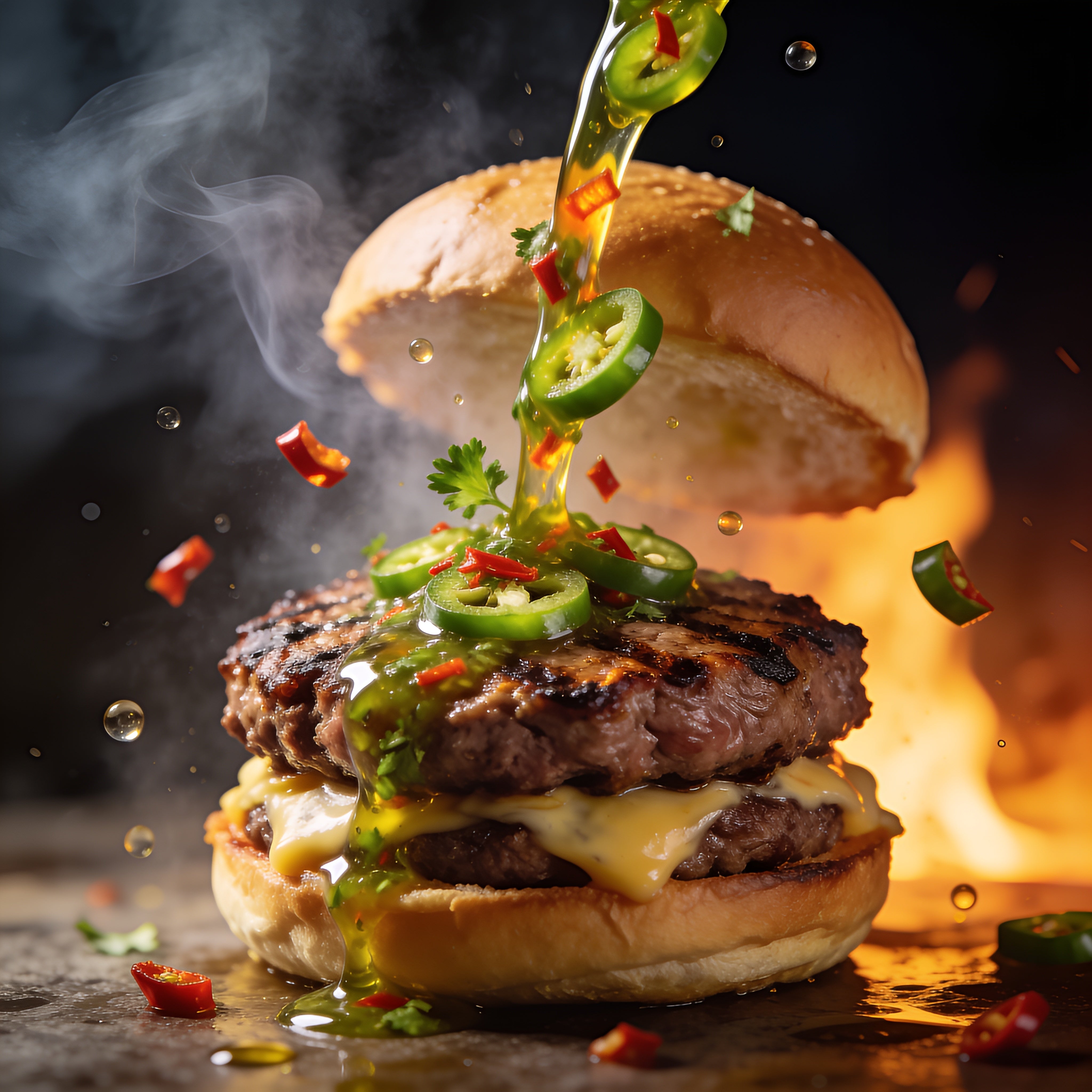 El Chori Hot Jalapeño Chimichurri — spicy green chimichurri splashing onto a chargrilled cheeseburger