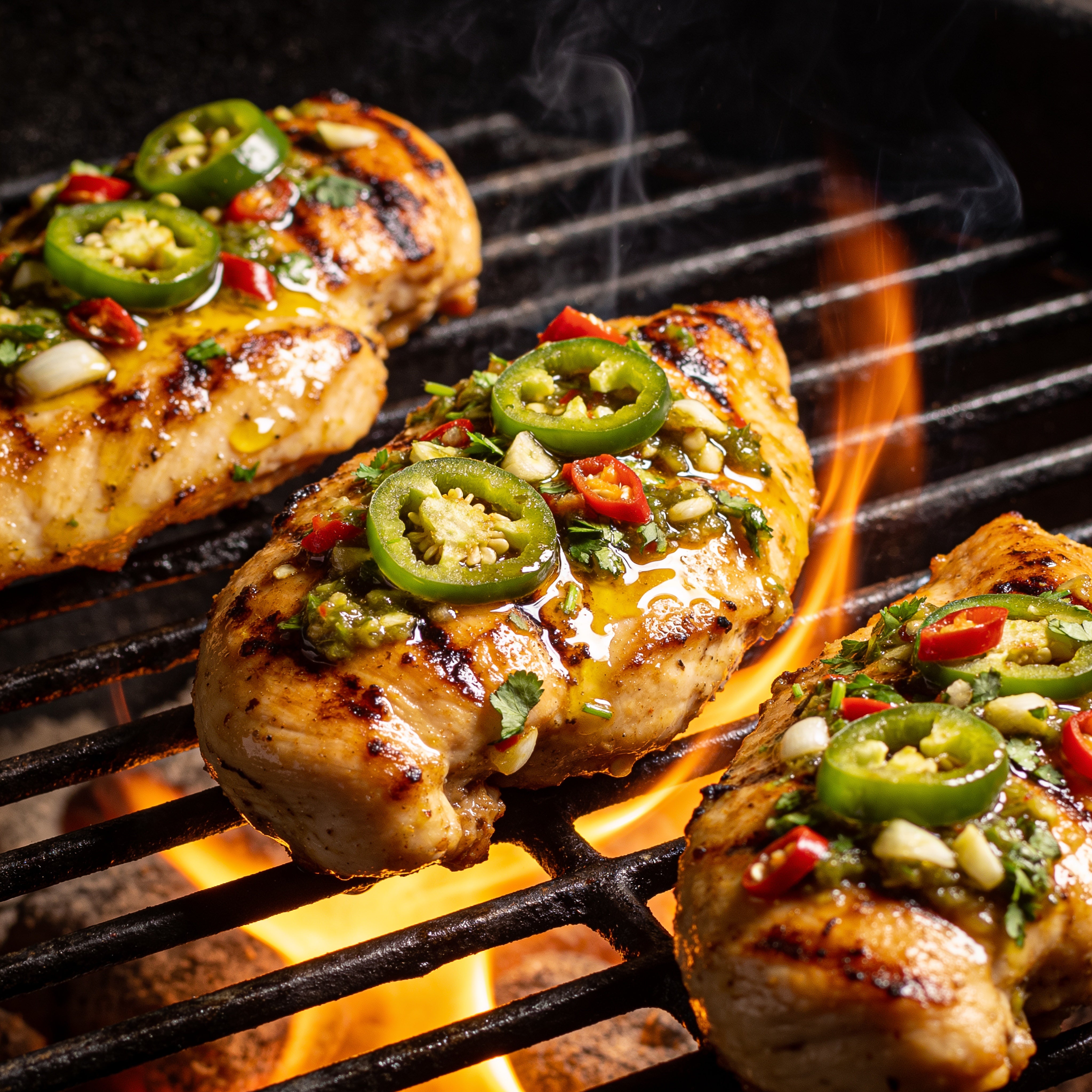 El Chori Hot Jalapeño Chimichurri — chicken thighs basted with jalapeño chimichurri on a flaming grill