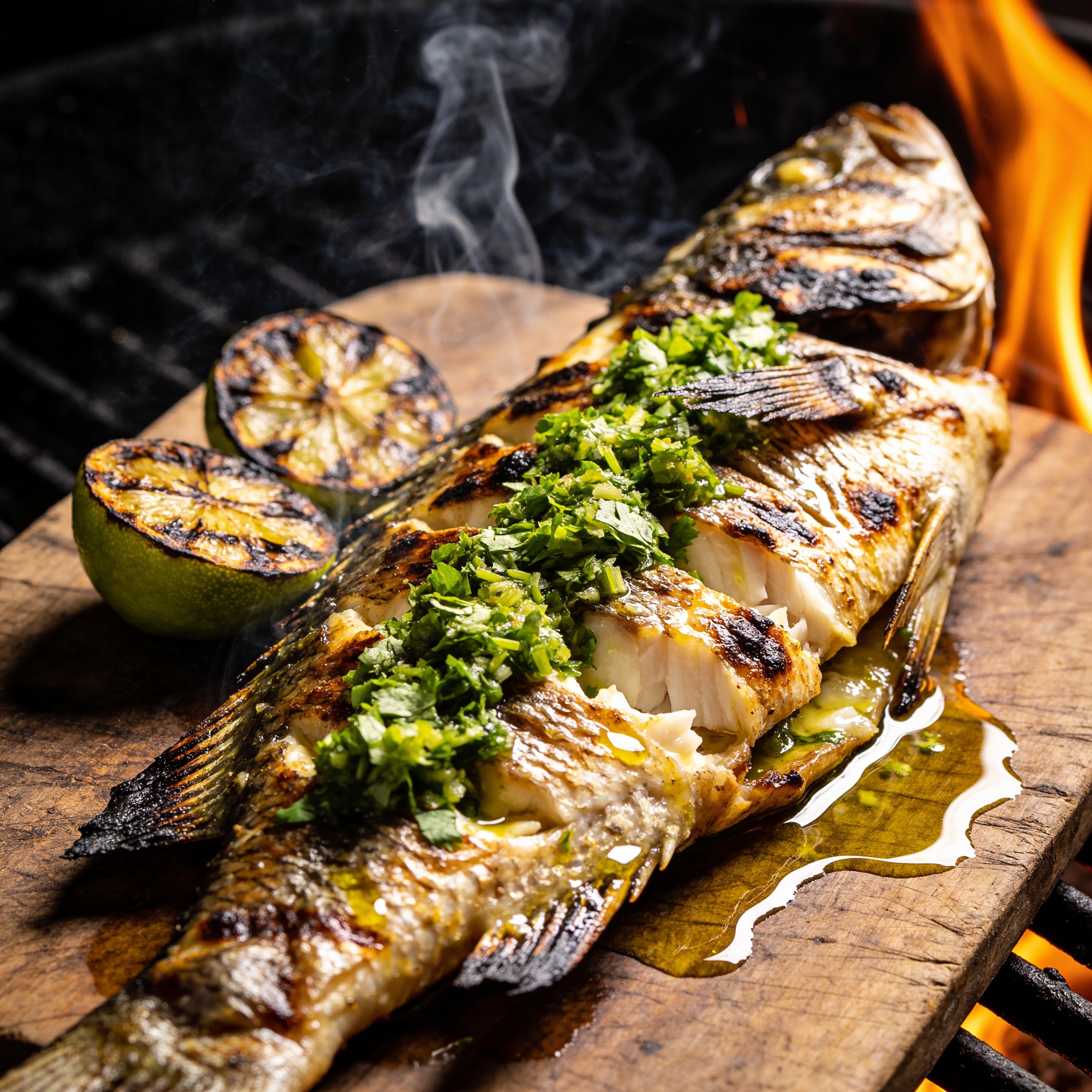 El Chori Zesty Coriander Chimichurri — whole barbecued snapper topped with fresh coriander chimichurri and charred lime