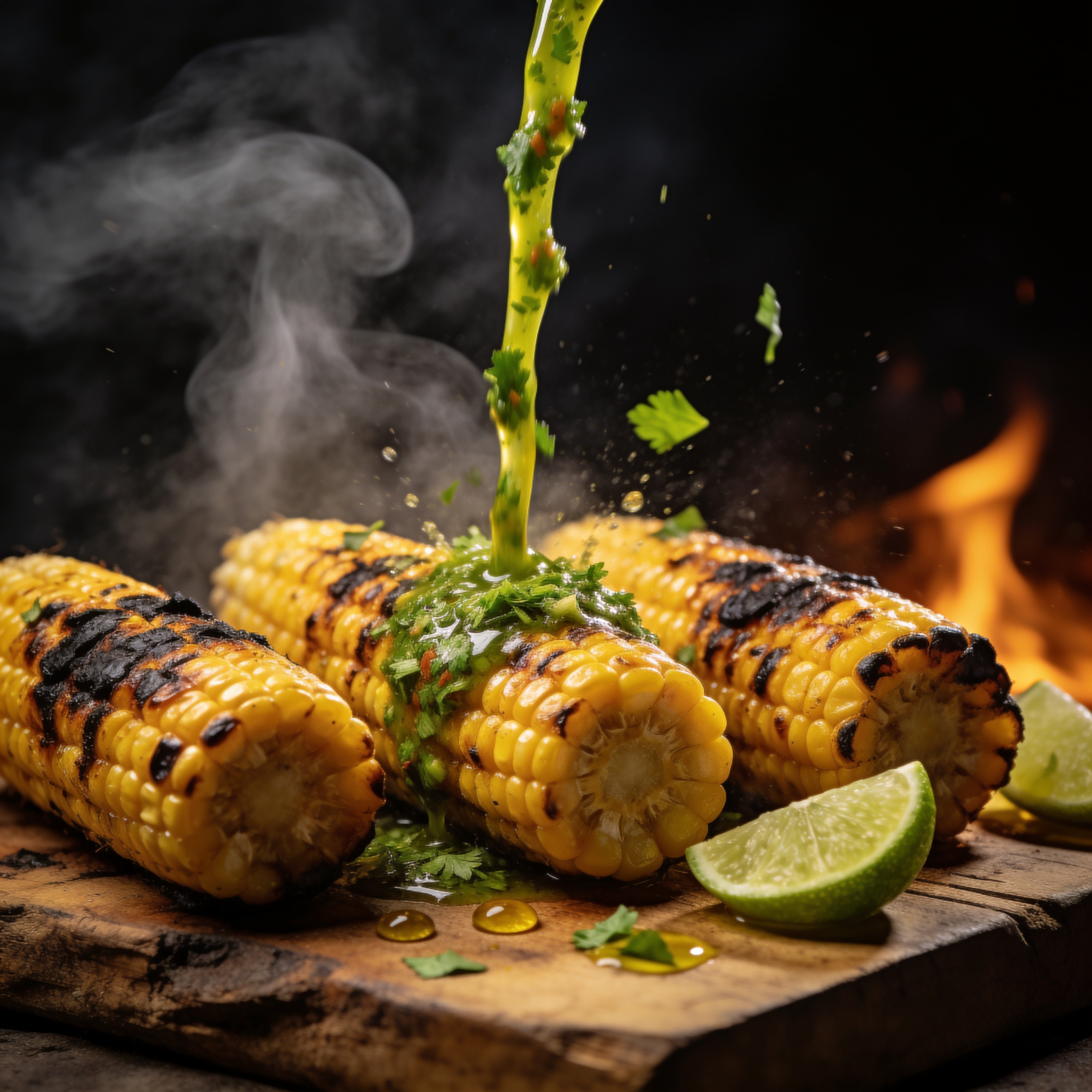 El Chori Zesty Coriander Chimichurri — coriander chimichurri pouring over chargrilled corn cobs