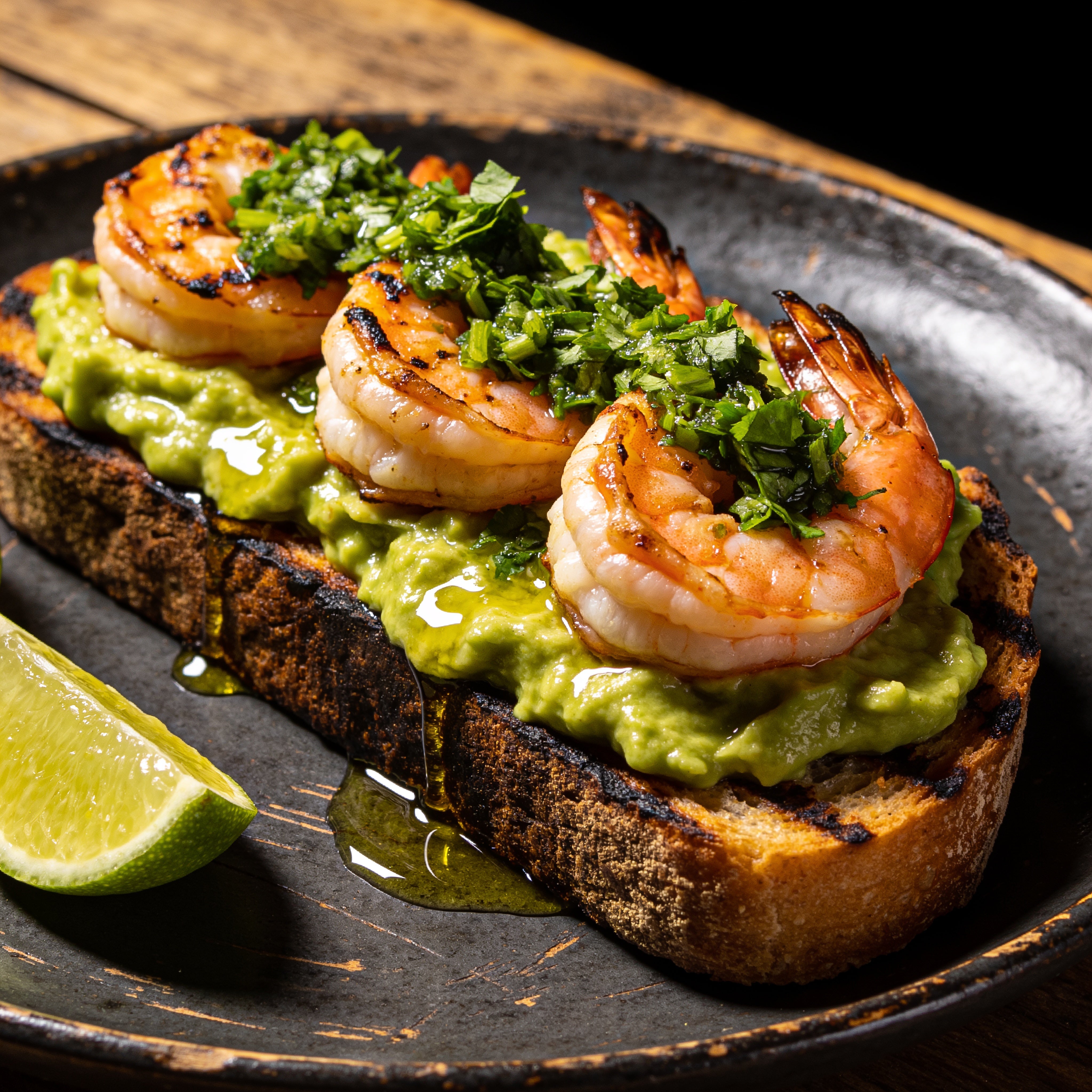 El Chori Zesty Coriander Chimichurri — smashed avocado toast with grilled prawns and coriander chimichurri