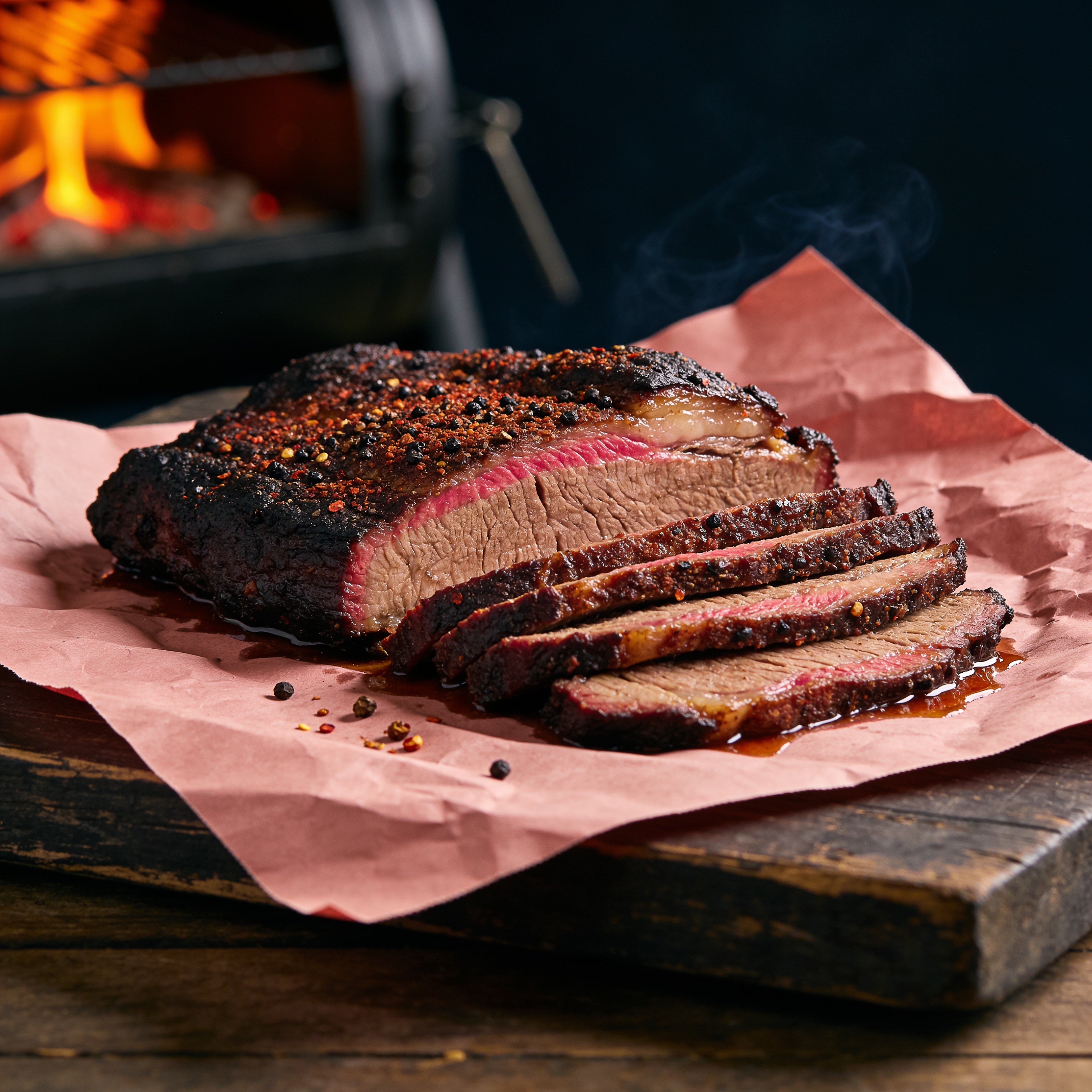 Jimmy Brisket Special Ops 280g beef rub — sliced smoked brisket with a dark peppery bark and pink smoke ring on butcher paper