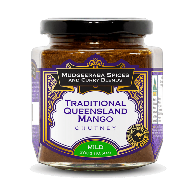 Mudgeeraba Spices Traditional Queensland Mango Chutney Mild 320g jar front lifestyle photo